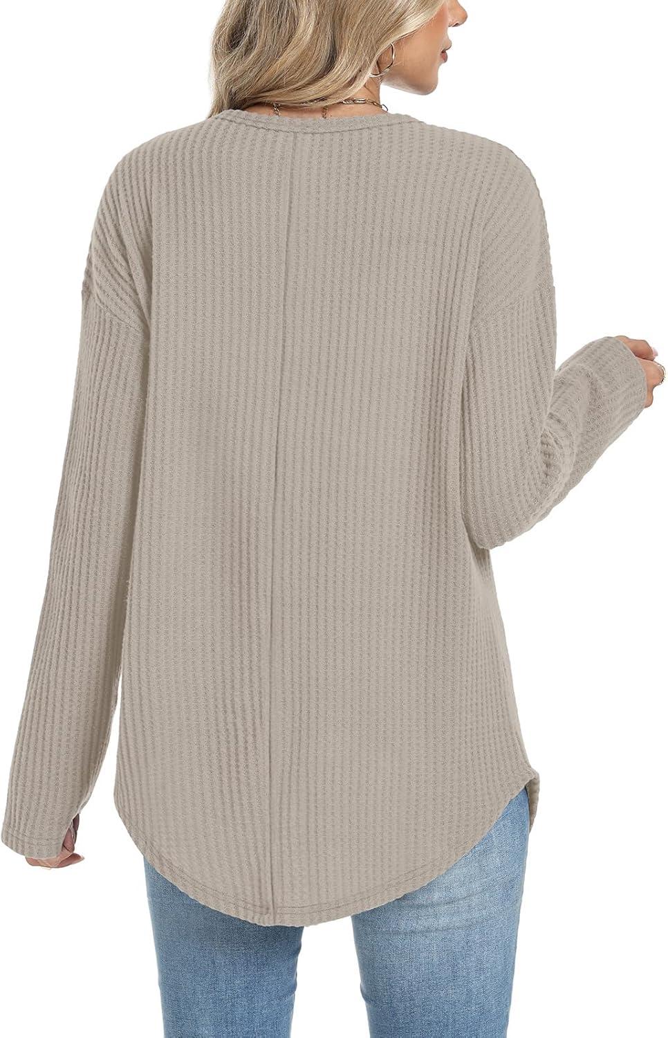 imageXIEERDUO Women Tunic Tops Dressy Casual Long Sleeve Shirts Fall Trendy Waffle Knit Crewneck Curved Hem Fashion Clothing 2025Akhaki