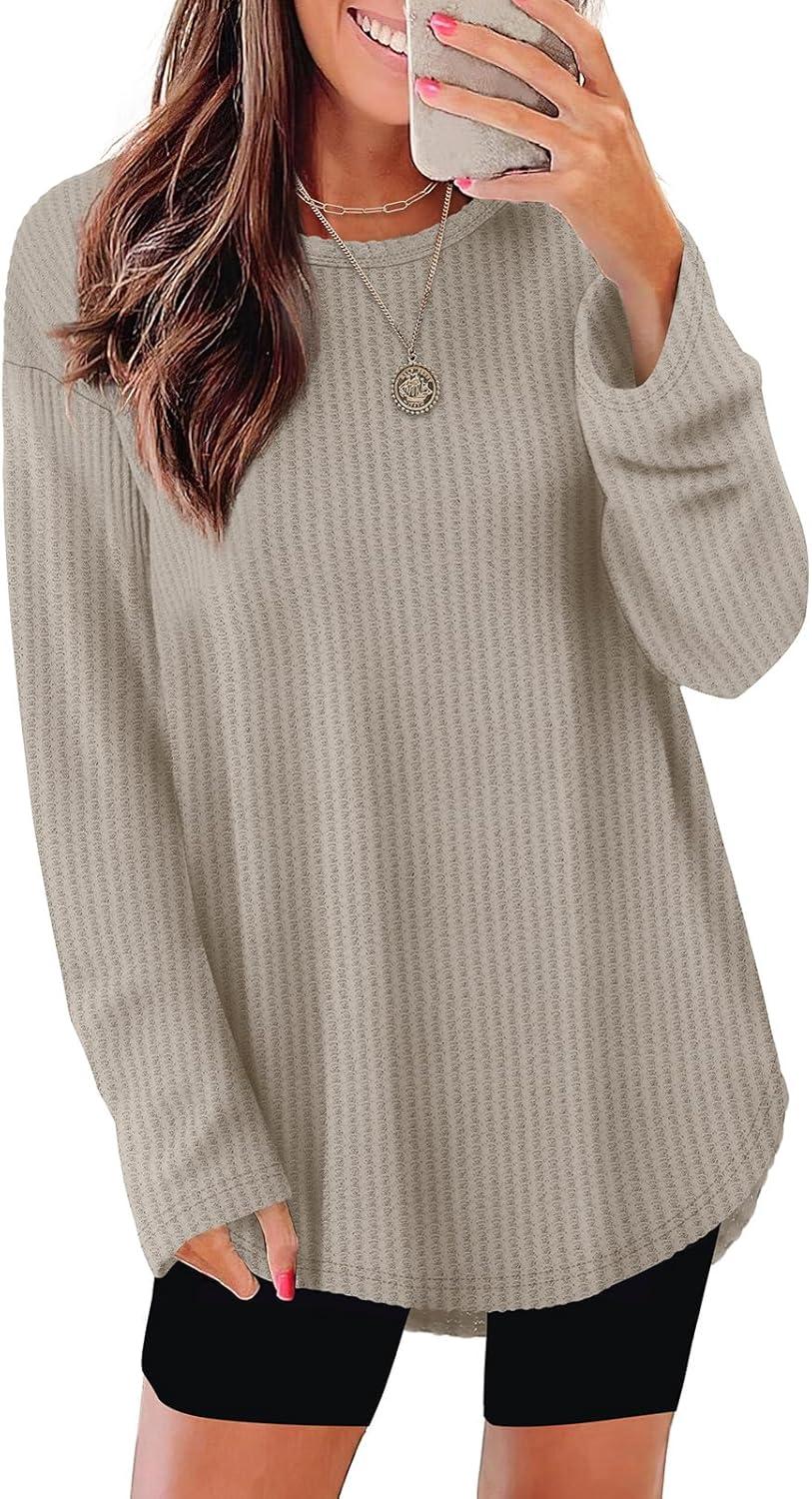 imageXIEERDUO Women Tunic Tops Dressy Casual Long Sleeve Shirts Fall Trendy Waffle Knit Crewneck Curved Hem Fashion Clothing 2025Akhaki