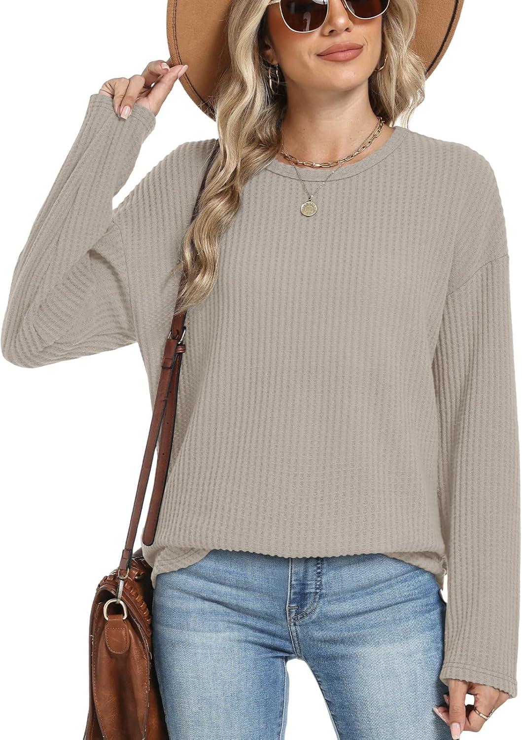 imageXIEERDUO Women Tunic Tops Dressy Casual Long Sleeve Shirts Fall Trendy Waffle Knit Crewneck Curved Hem Fashion Clothing 2025Akhaki