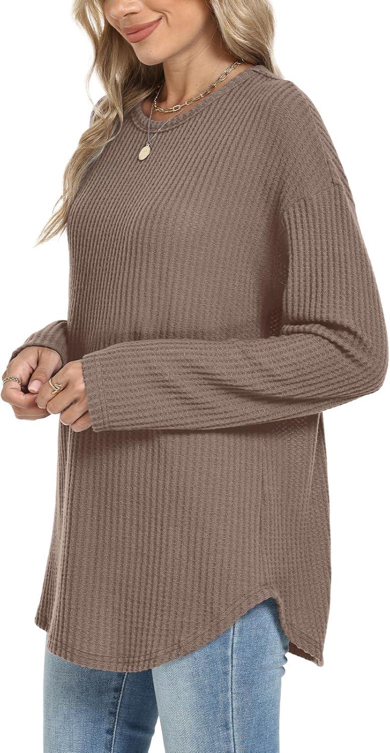 imageXIEERDUO Women Tunic Tops Dressy Casual Long Sleeve Shirts Fall Trendy Waffle Knit Crewneck Curved Hem Fashion Clothing 2025Ccaramel