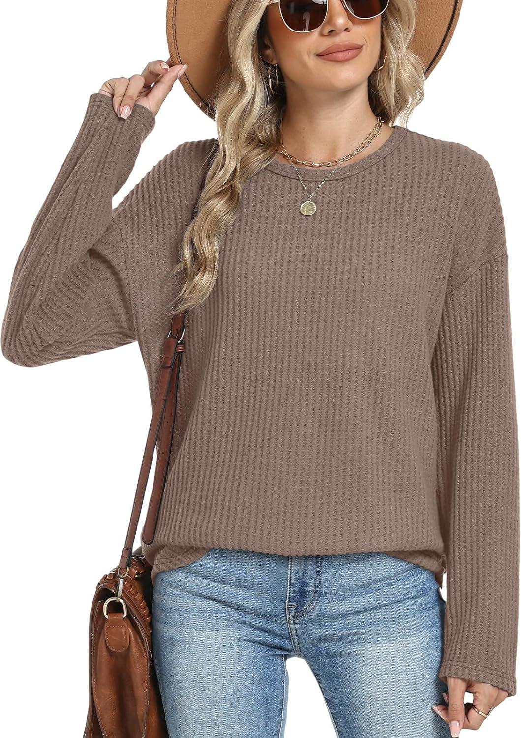 imageXIEERDUO Women Tunic Tops Dressy Casual Long Sleeve Shirts Fall Trendy Waffle Knit Crewneck Curved Hem Fashion Clothing 2025Ccaramel