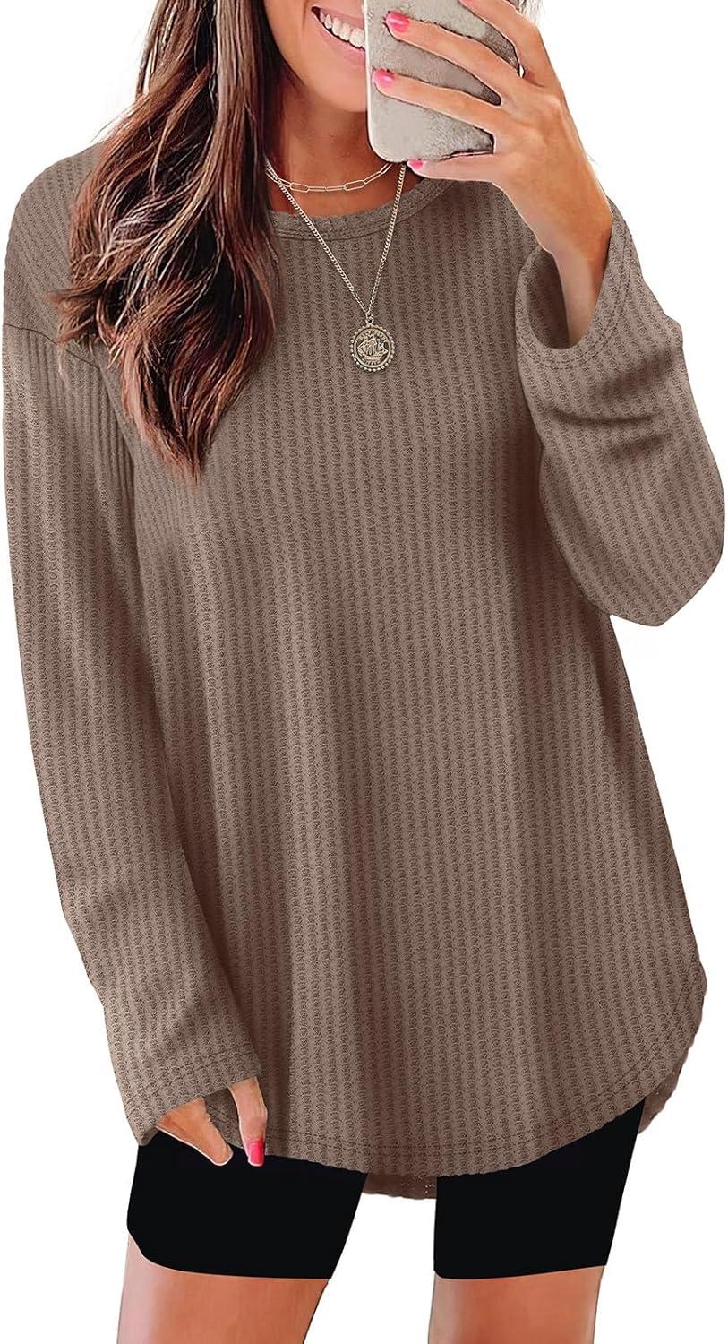 imageXIEERDUO Women Tunic Tops Dressy Casual Long Sleeve Shirts Fall Trendy Waffle Knit Crewneck Curved Hem Fashion Clothing 2025Ccaramel
