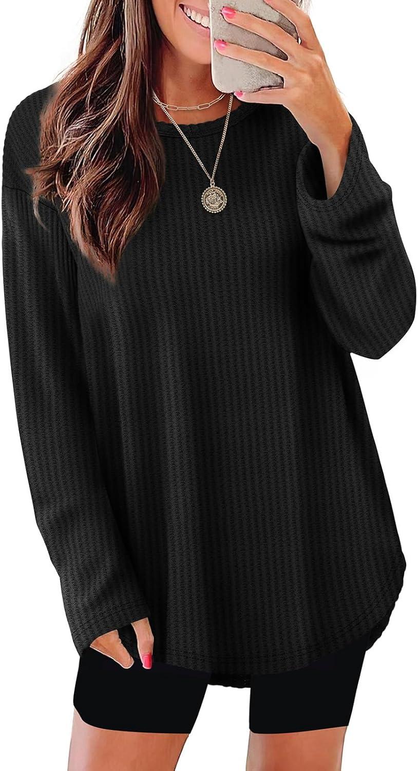 imageXIEERDUO Women Tunic Tops Dressy Casual Long Sleeve Shirts Fall Trendy Waffle Knit Crewneck Curved Hem Fashion Clothing 2025Dblack