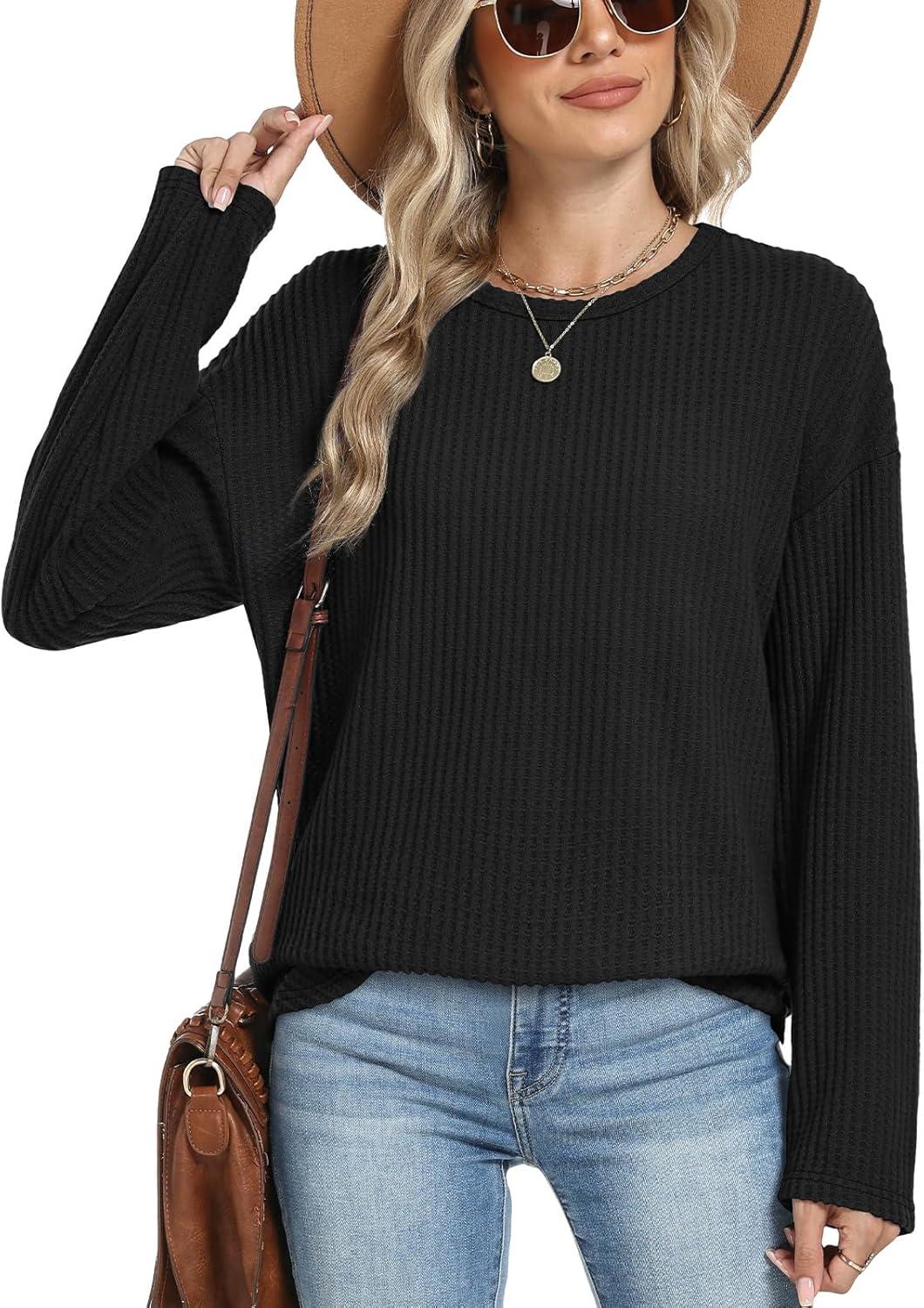 imageXIEERDUO Women Tunic Tops Dressy Casual Long Sleeve Shirts Fall Trendy Waffle Knit Crewneck Curved Hem Fashion Clothing 2025Dblack