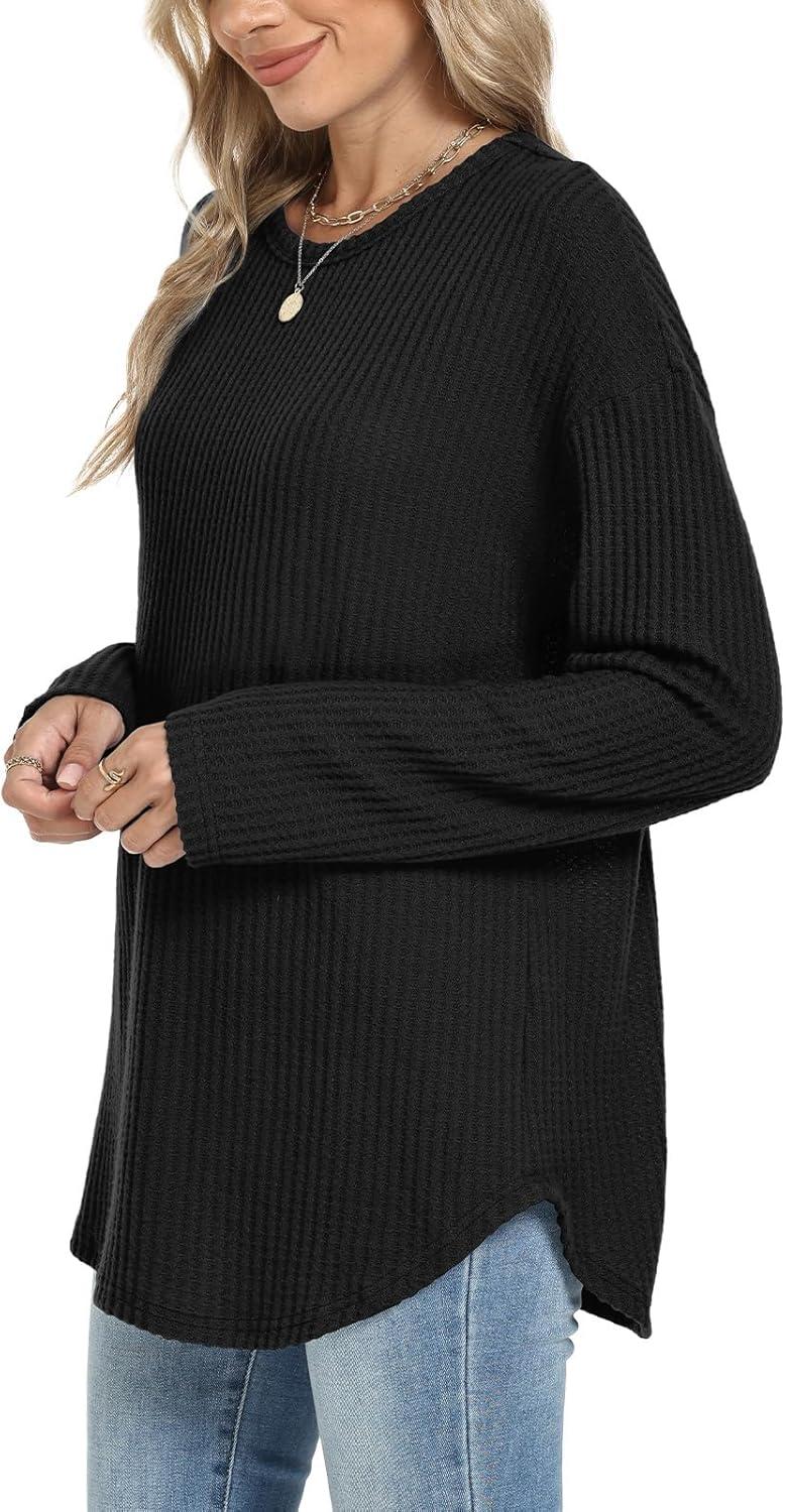 imageXIEERDUO Women Tunic Tops Dressy Casual Long Sleeve Shirts Fall Trendy Waffle Knit Crewneck Curved Hem Fashion Clothing 2025Dblack