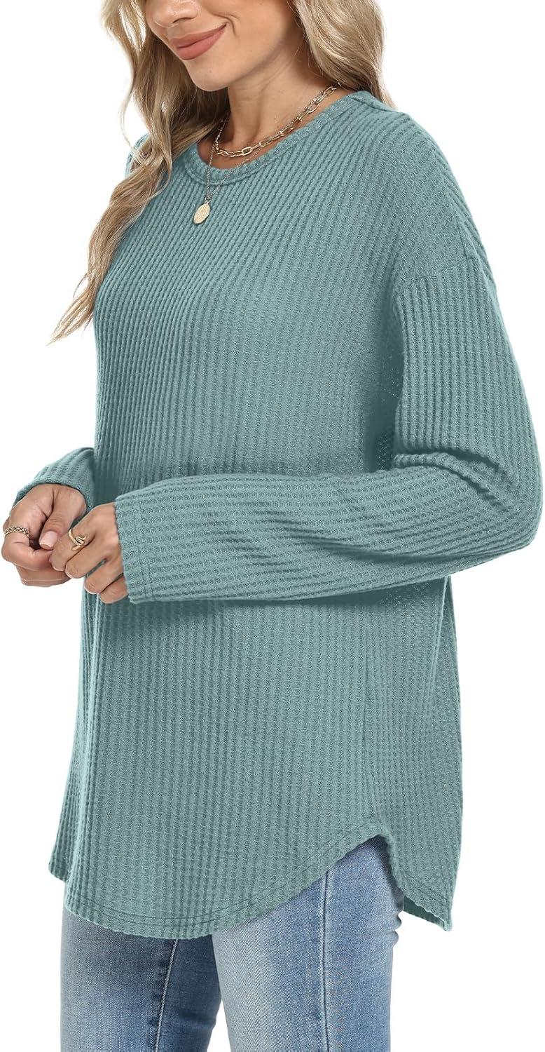 imageXIEERDUO Women Tunic Tops Dressy Casual Long Sleeve Shirts Fall Trendy Waffle Knit Crewneck Curved Hem Fashion Clothing 2025Eblue Green