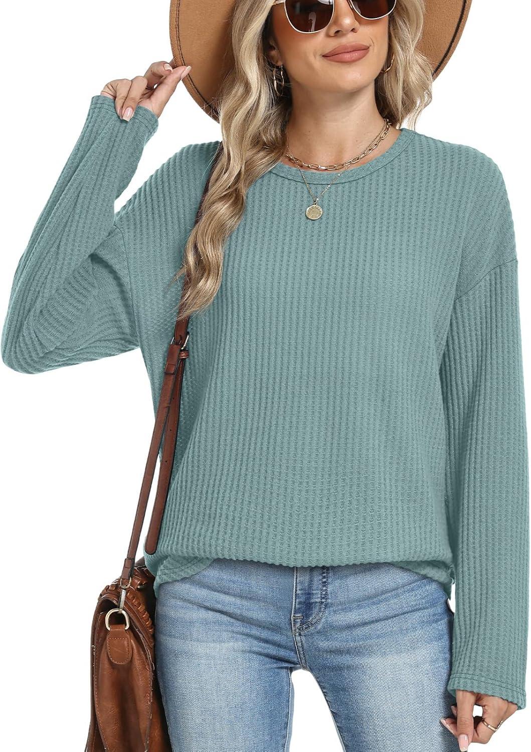imageXIEERDUO Women Tunic Tops Dressy Casual Long Sleeve Shirts Fall Trendy Waffle Knit Crewneck Curved Hem Fashion Clothing 2025Eblue Green