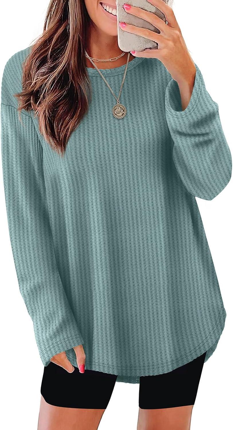 imageXIEERDUO Women Tunic Tops Dressy Casual Long Sleeve Shirts Fall Trendy Waffle Knit Crewneck Curved Hem Fashion Clothing 2025Eblue Green