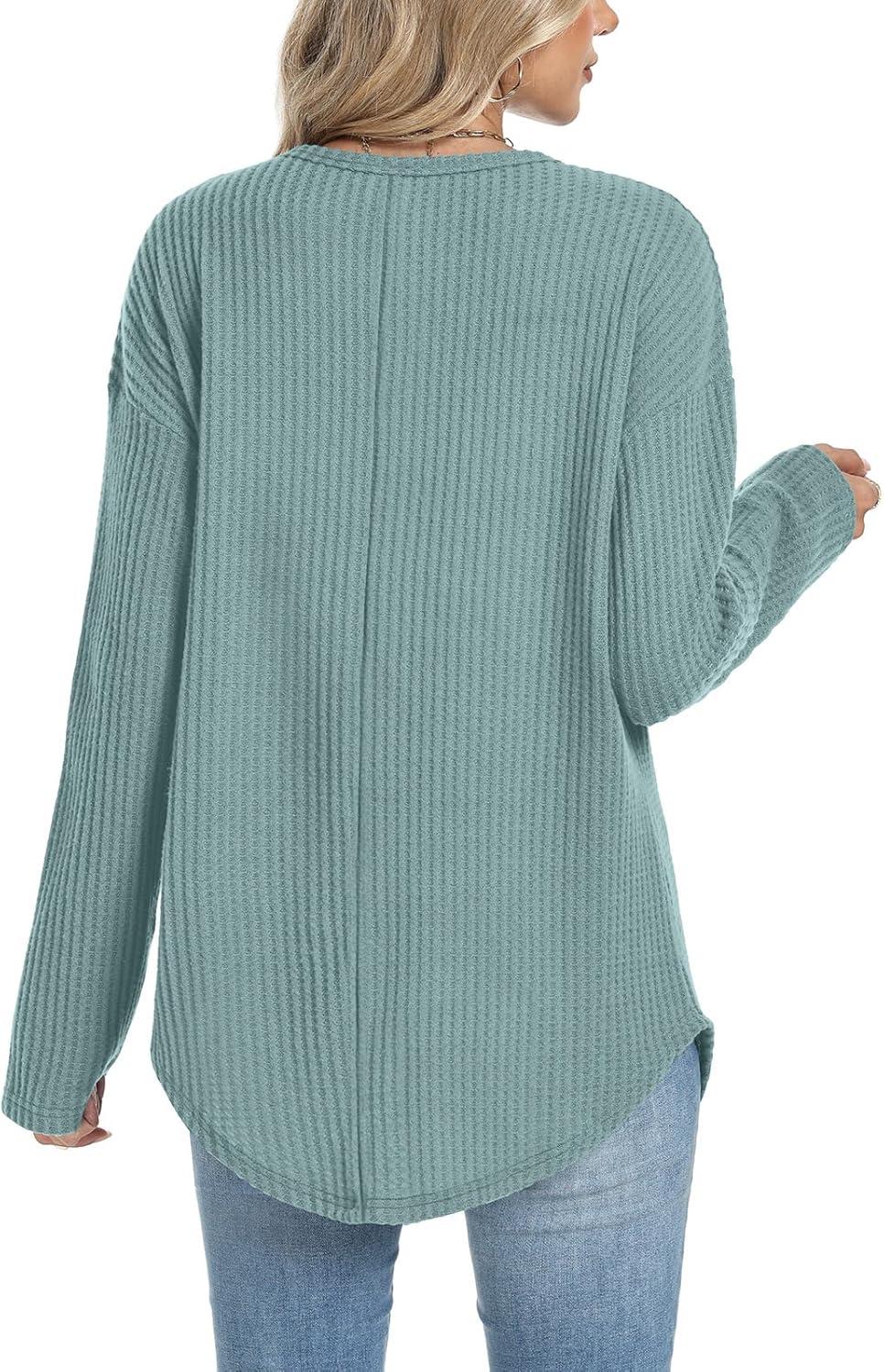 imageXIEERDUO Women Tunic Tops Dressy Casual Long Sleeve Shirts Fall Trendy Waffle Knit Crewneck Curved Hem Fashion Clothing 2025Eblue Green