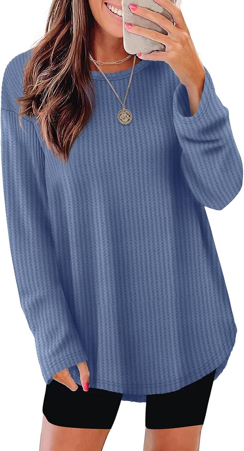 imageXIEERDUO Women Tunic Tops Dressy Casual Long Sleeve Shirts Fall Trendy Waffle Knit Crewneck Curved Hem Fashion Clothing 2025Fnavy Blue