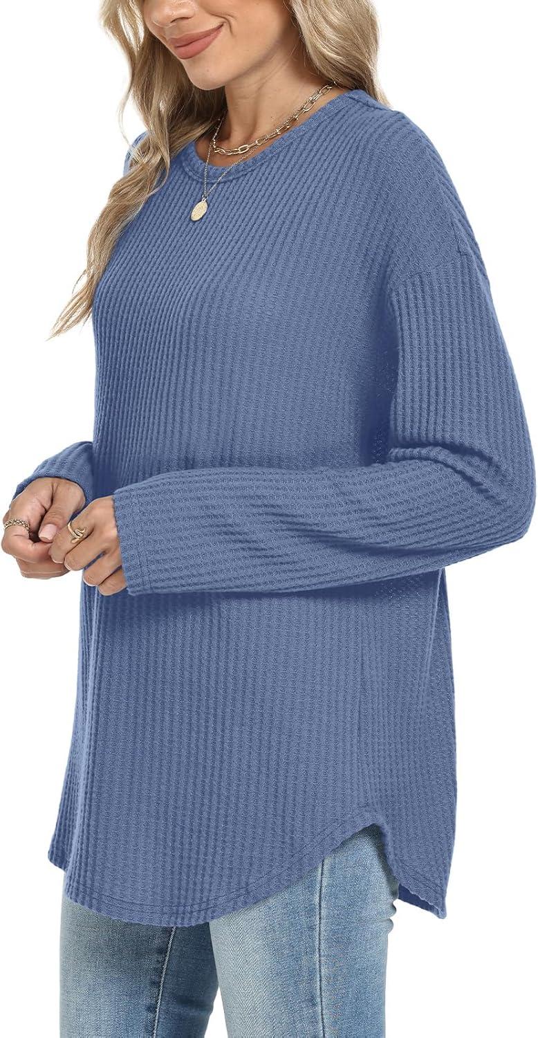 imageXIEERDUO Women Tunic Tops Dressy Casual Long Sleeve Shirts Fall Trendy Waffle Knit Crewneck Curved Hem Fashion Clothing 2025Fnavy Blue