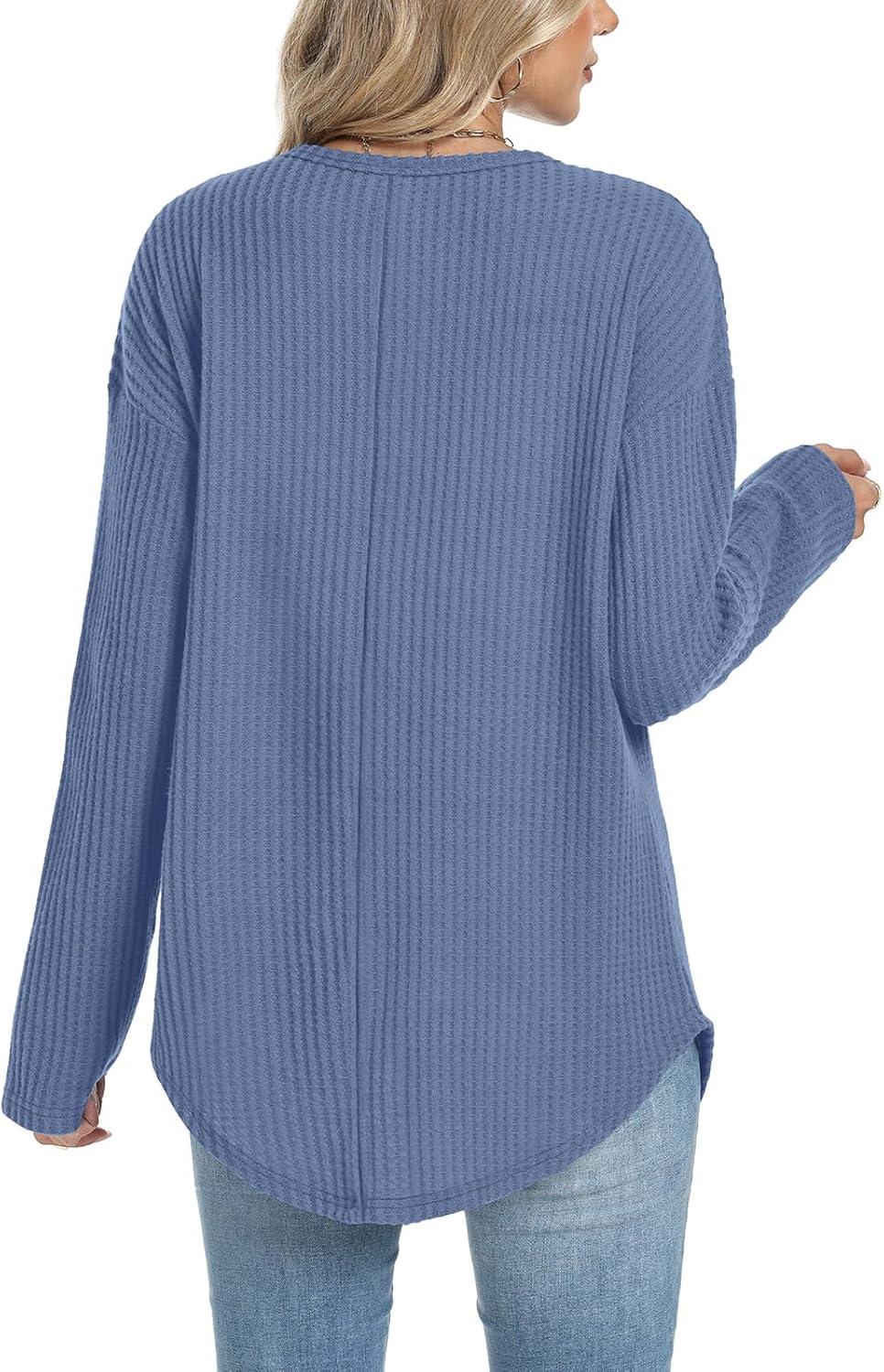 imageXIEERDUO Women Tunic Tops Dressy Casual Long Sleeve Shirts Fall Trendy Waffle Knit Crewneck Curved Hem Fashion Clothing 2025Fnavy Blue