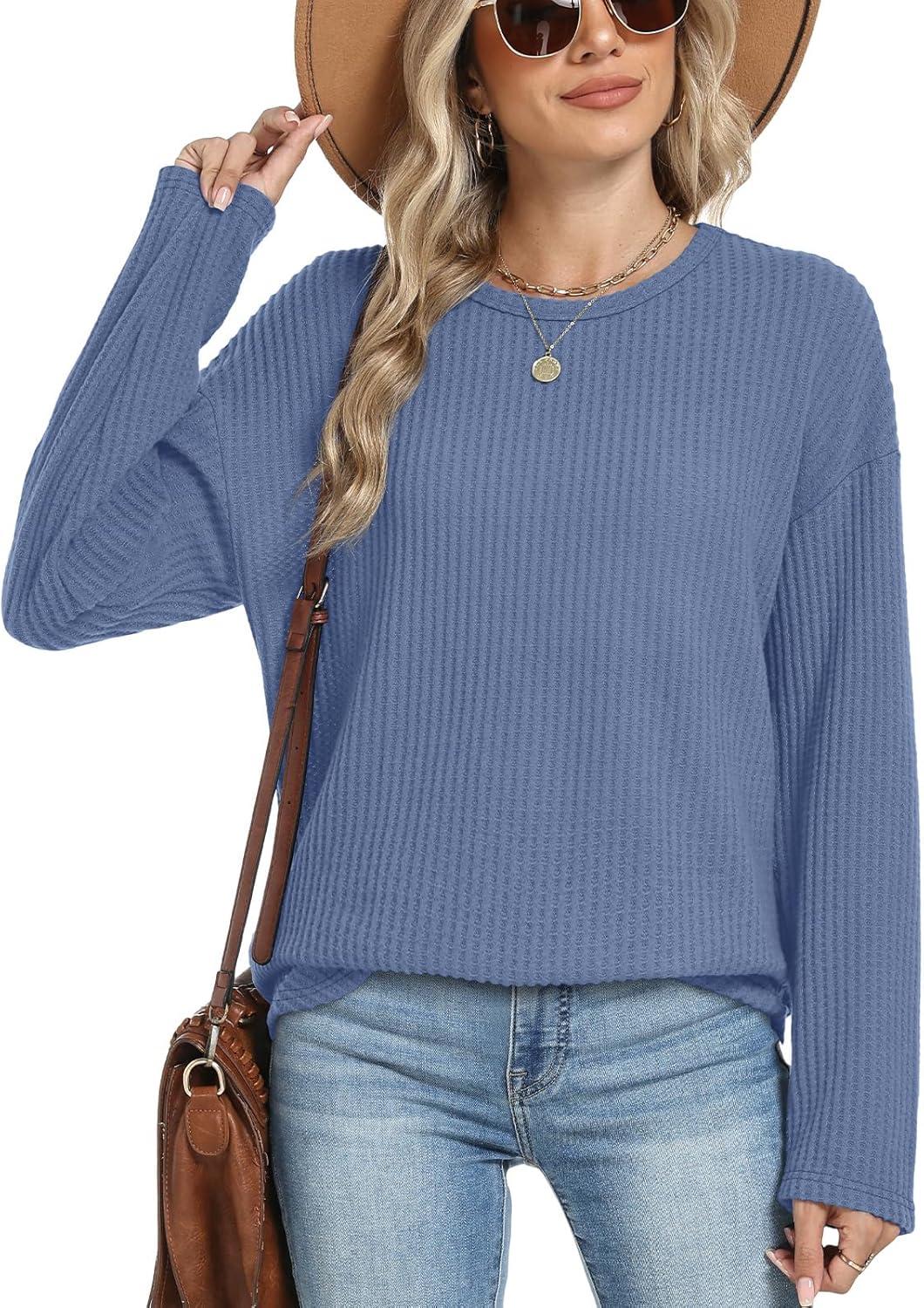 imageXIEERDUO Women Tunic Tops Dressy Casual Long Sleeve Shirts Fall Trendy Waffle Knit Crewneck Curved Hem Fashion Clothing 2025Fnavy Blue