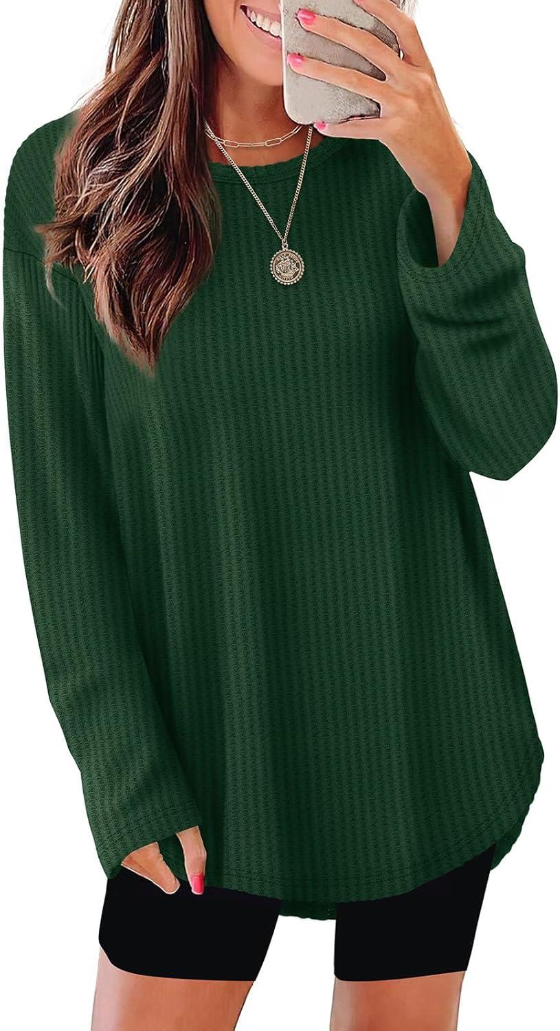 imageXIEERDUO Women Tunic Tops Dressy Casual Long Sleeve Shirts Fall Trendy Waffle Knit Crewneck Curved Hem Fashion Clothing 2025Hdark Green