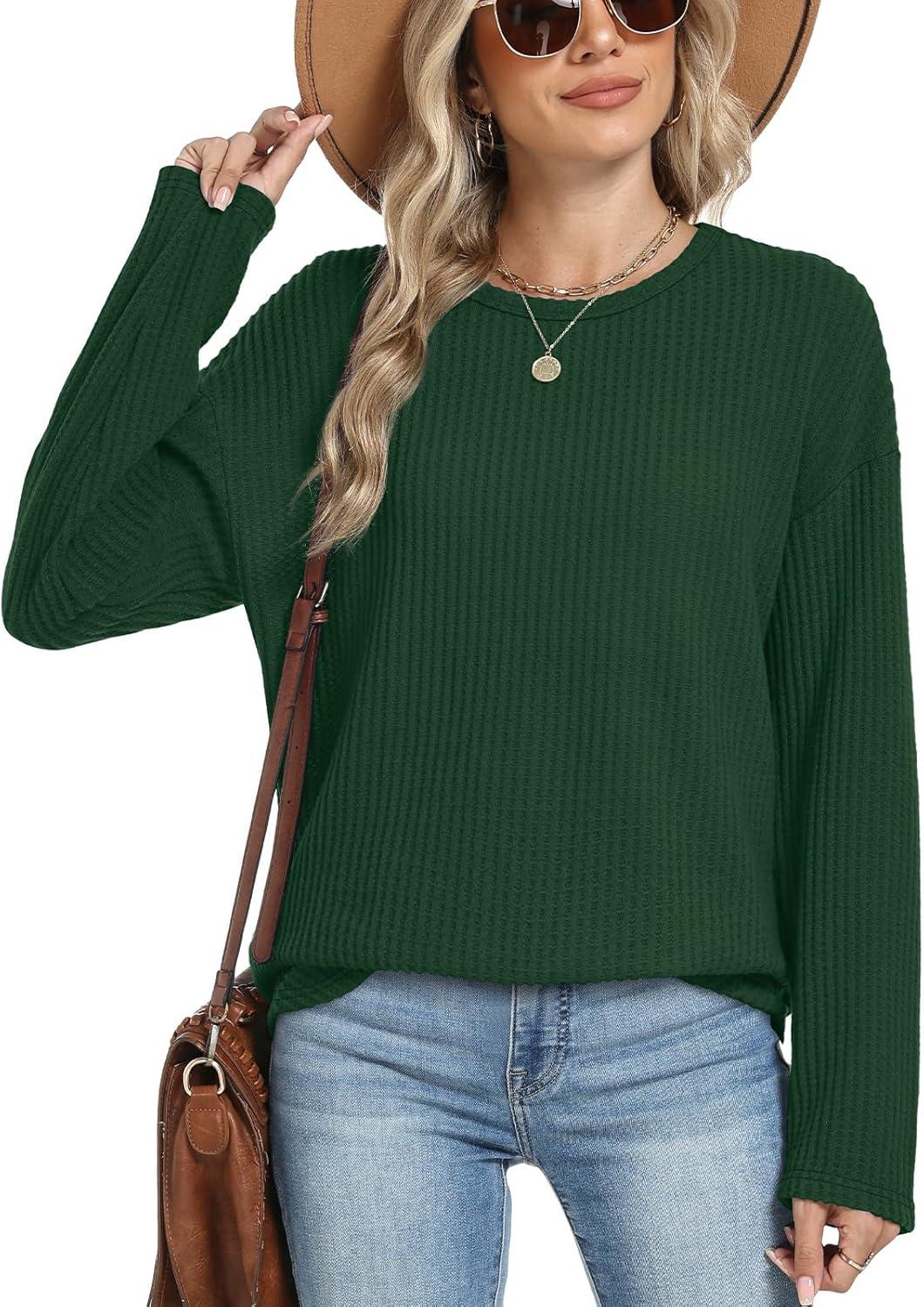 imageXIEERDUO Women Tunic Tops Dressy Casual Long Sleeve Shirts Fall Trendy Waffle Knit Crewneck Curved Hem Fashion Clothing 2025Hdark Green