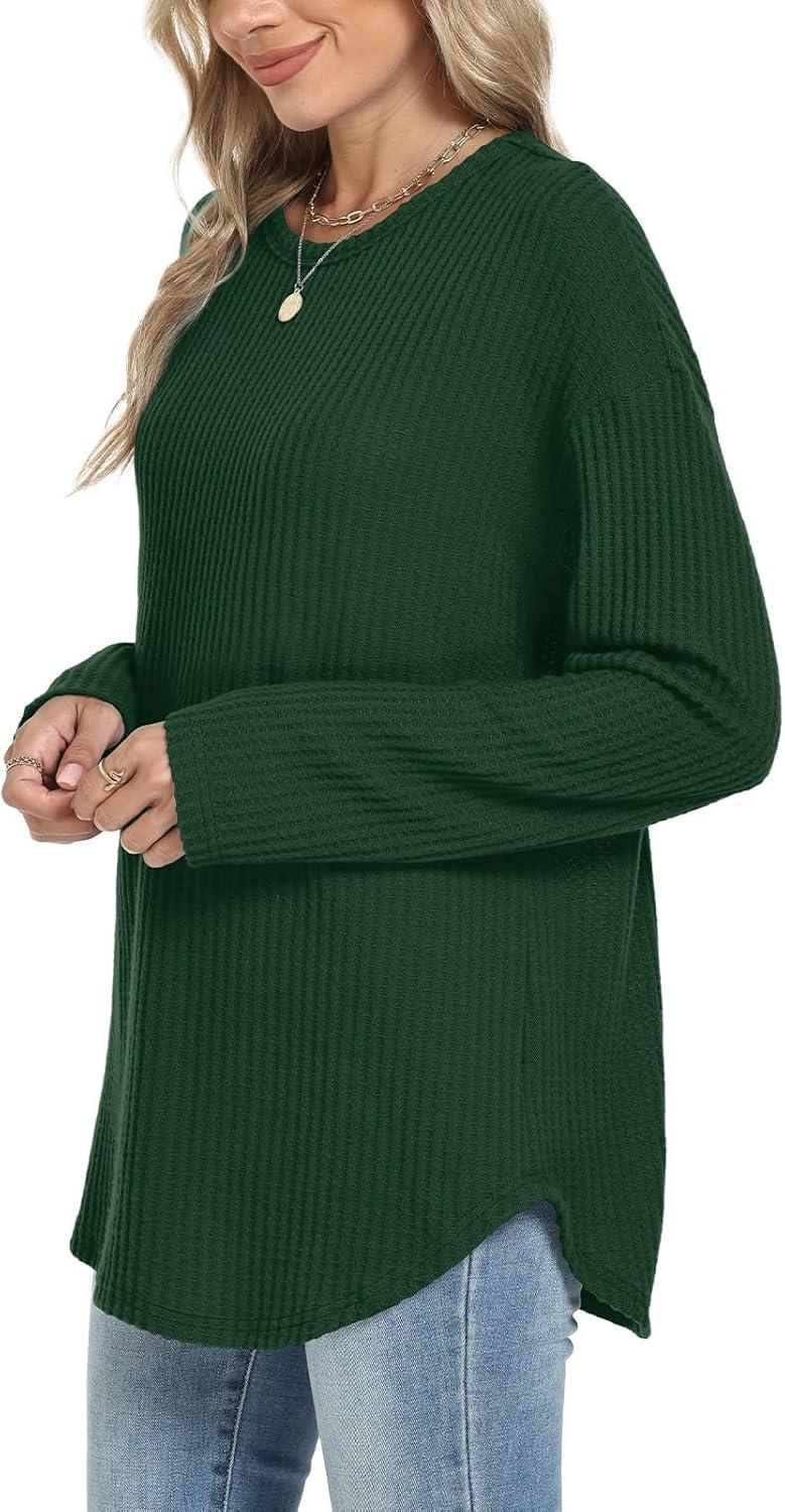 imageXIEERDUO Women Tunic Tops Dressy Casual Long Sleeve Shirts Fall Trendy Waffle Knit Crewneck Curved Hem Fashion Clothing 2025Hdark Green