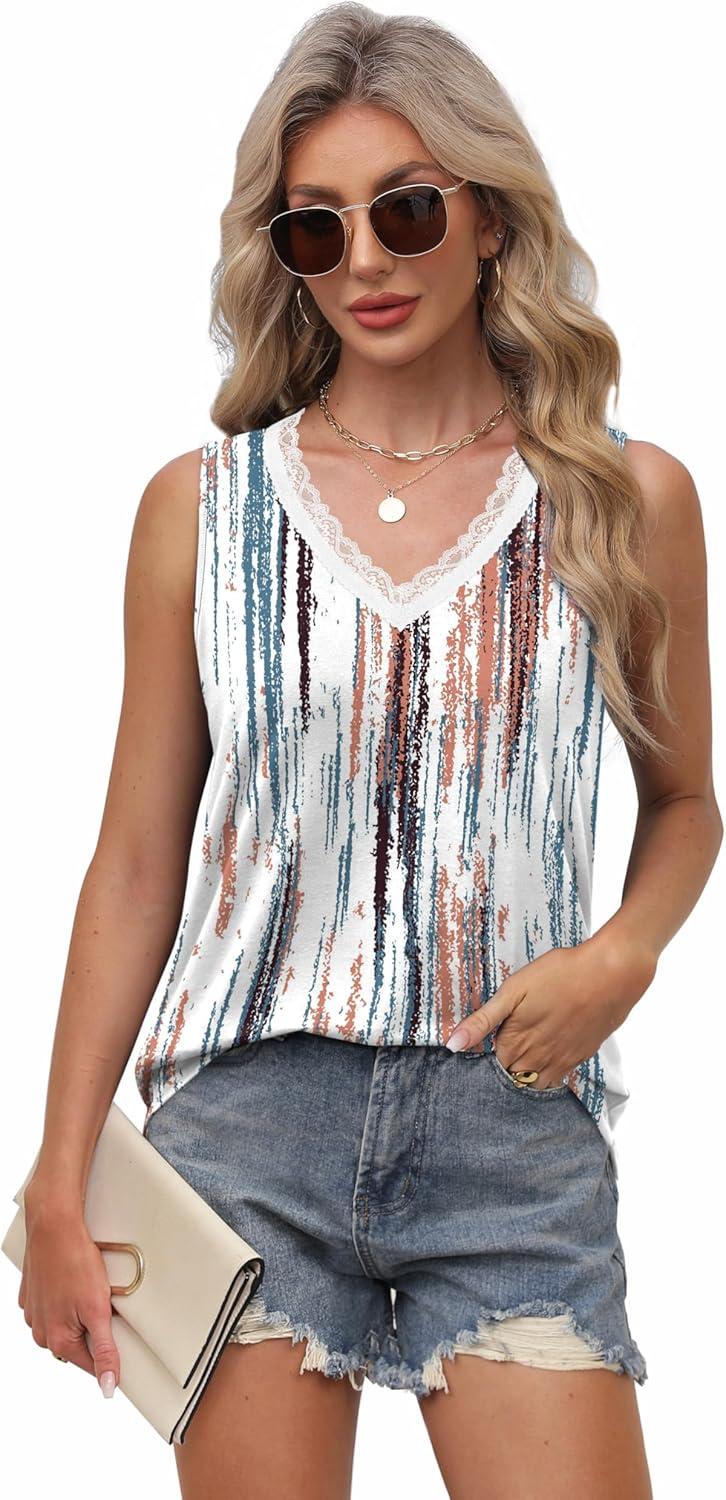 imageXIEERDUO Womens Lace V Neck Tank Tops Summer Spring Sleeveless Shirts Casual Flowy Clothes Trendy Outfits S3XLPrinted D