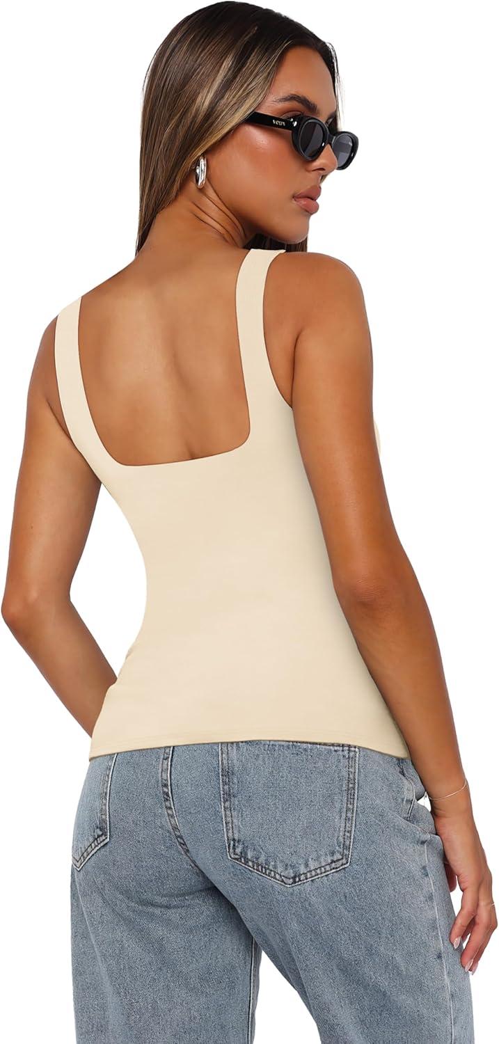 imageXIEERDUO Womens Square Neck Fitted Tank Tops Double Layer Seamless Slim Fit Shirts 2025 Basic Spring SummerC Double Layer Tank Tops Apricot