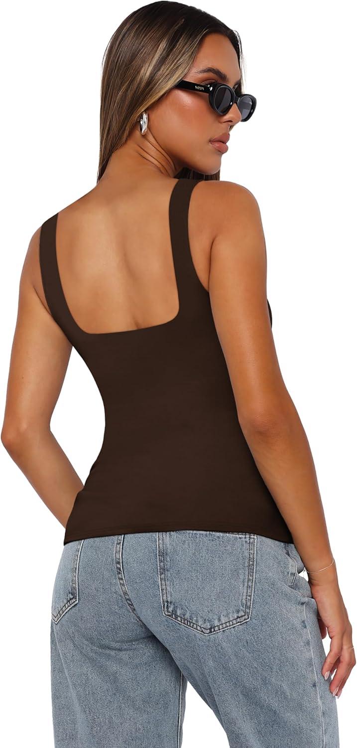 imageXIEERDUO Womens Square Neck Fitted Tank Tops Double Layer Seamless Slim Fit Shirts 2025 Basic Spring SummerC Double Layer Tank Tops Brown