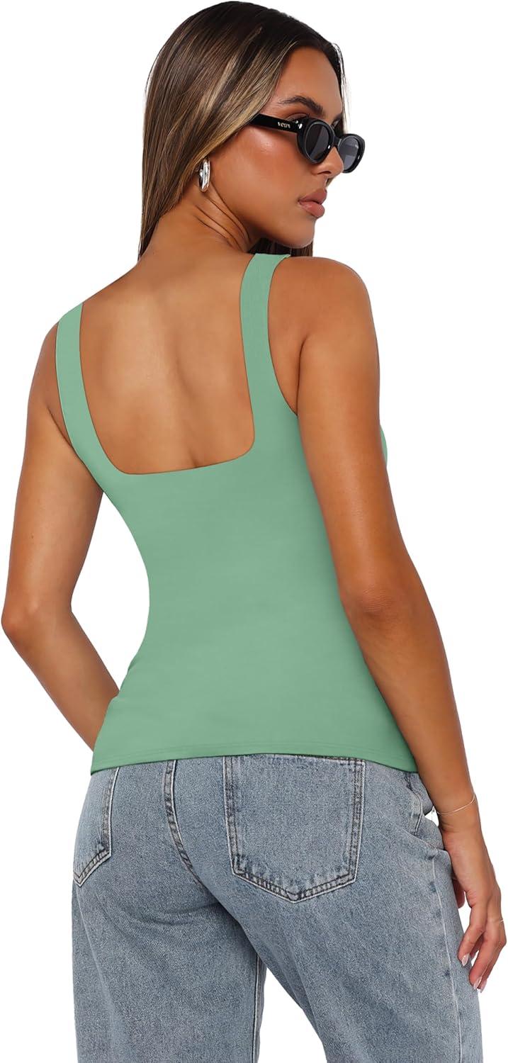 imageXIEERDUO Womens Square Neck Fitted Tank Tops Double Layer Seamless Slim Fit Shirts 2025 Basic Spring SummerC Double Layer Tank Tops Green