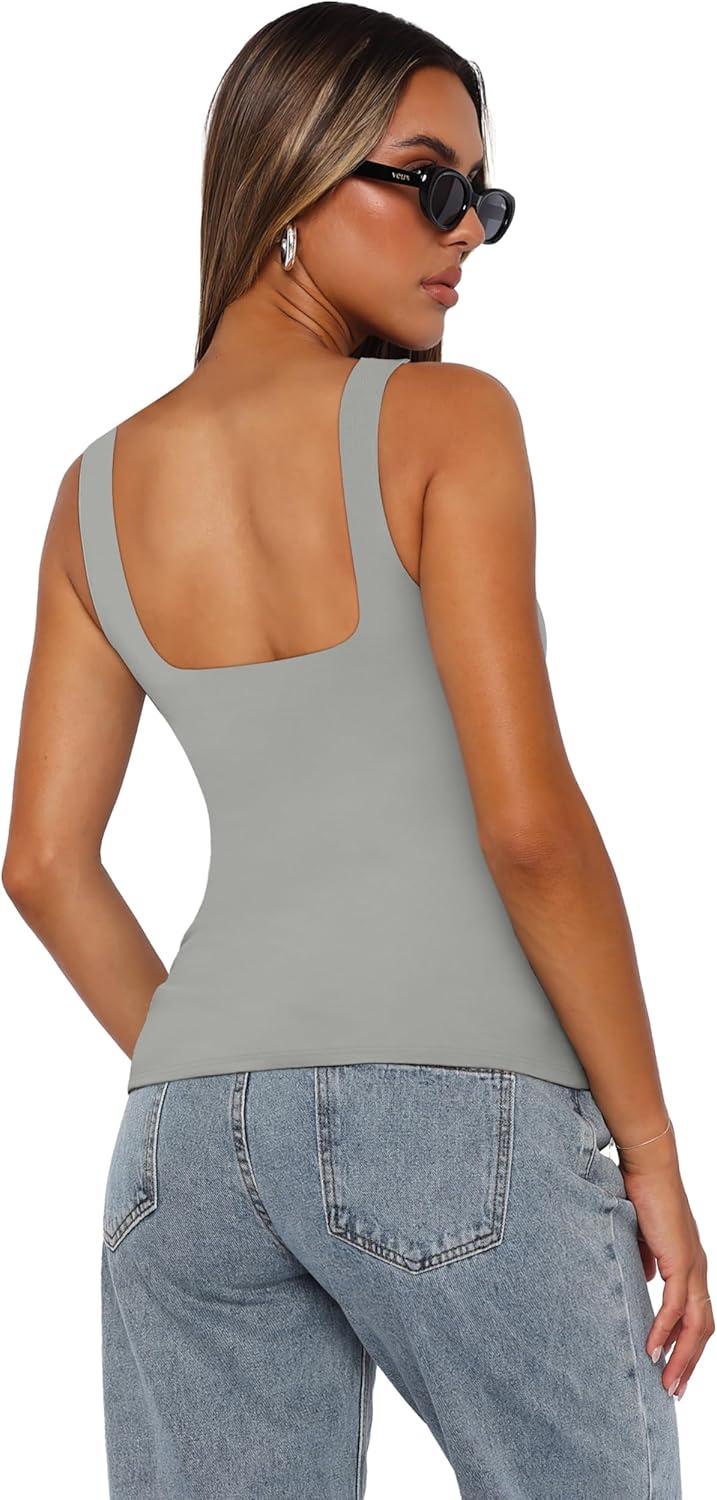 imageXIEERDUO Womens Square Neck Fitted Tank Tops Double Layer Seamless Slim Fit Shirts 2025 Basic Spring SummerC Double Layer Tank Tops Grey