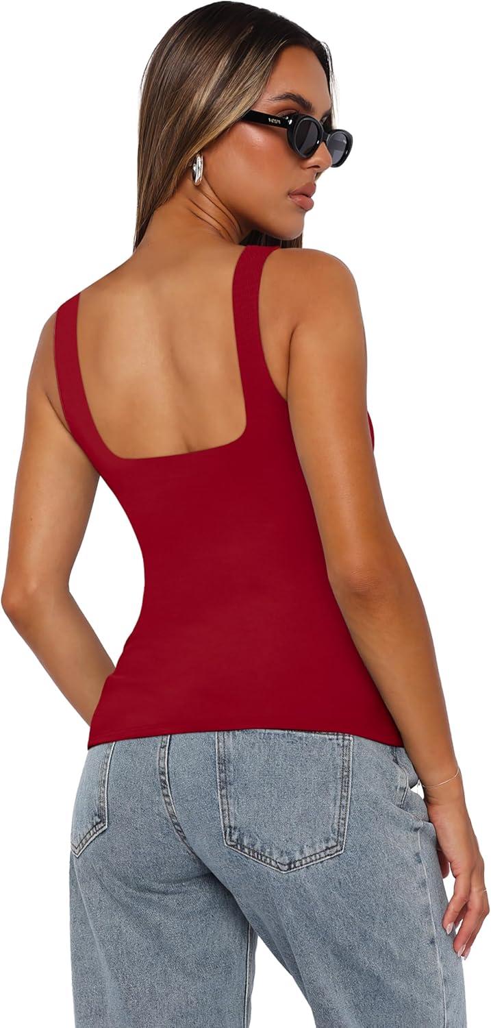 imageXIEERDUO Womens Square Neck Fitted Tank Tops Double Layer Seamless Slim Fit Shirts 2025 Basic Spring SummerC Double Layer Tank Tops Red