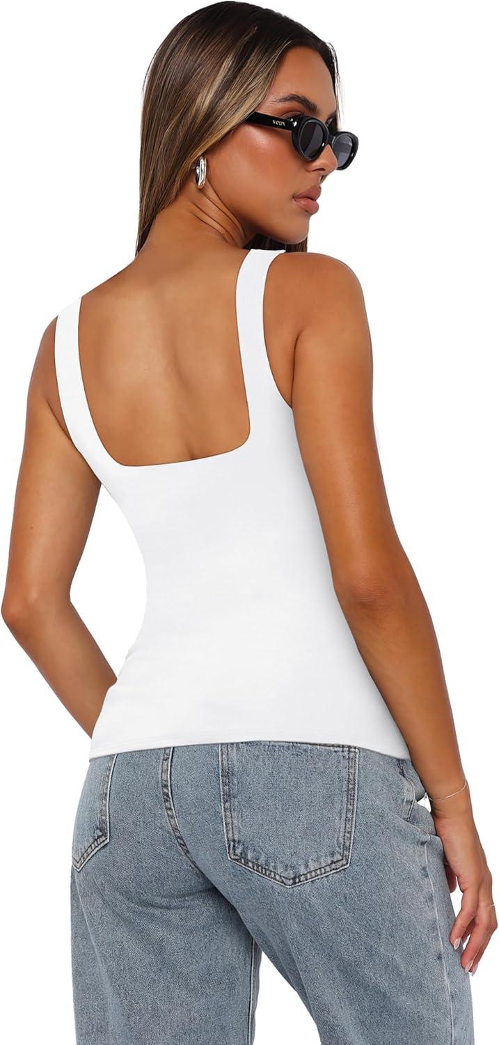 imageXIEERDUO Womens Square Neck Fitted Tank Tops Double Layer Seamless Slim Fit Shirts 2025 Basic Spring SummerC Double Layer Tank Tops White
