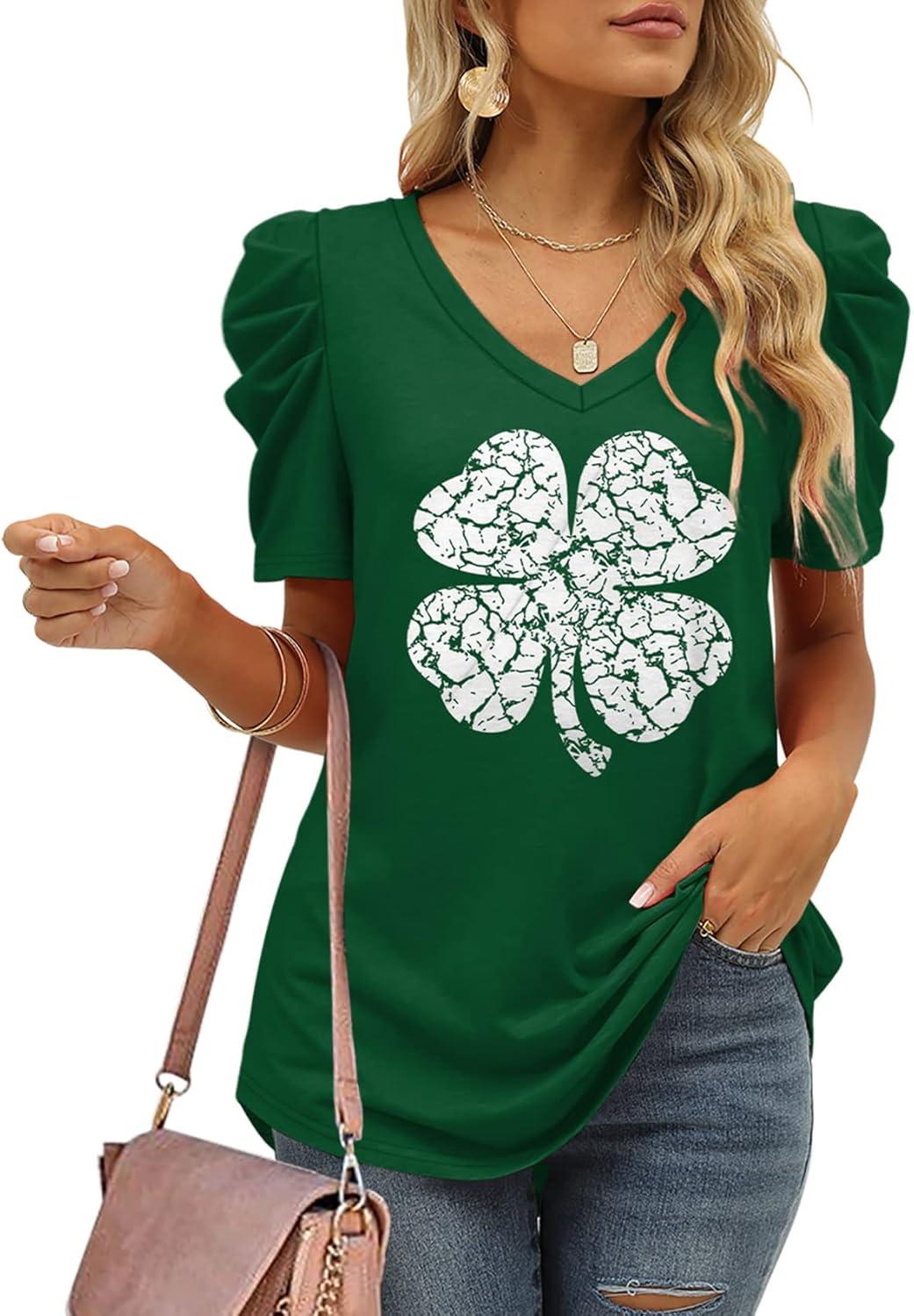 imageXIEERDUO Womens Summer Shirt V Neck Casual Tshirts Puff Sleeve Tops for Women Solid Color XS3XL00clover