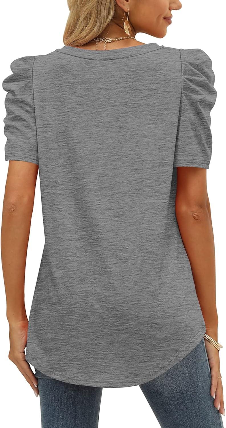imageXIEERDUO Womens Summer Shirt V Neck Casual Tshirts Puff Sleeve Tops for Women Solid Color XS3XL02gray