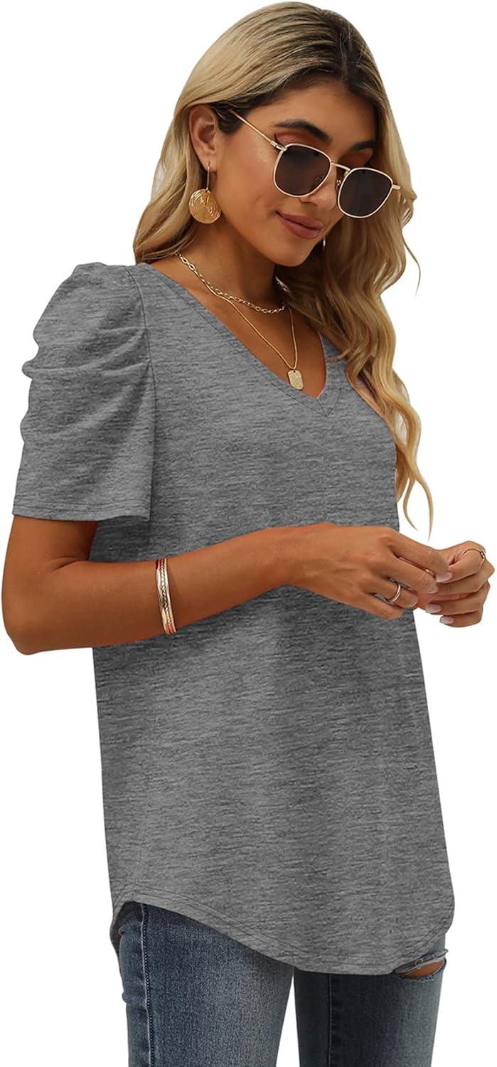 imageXIEERDUO Womens Summer Shirt V Neck Casual Tshirts Puff Sleeve Tops for Women Solid Color XS3XL02gray