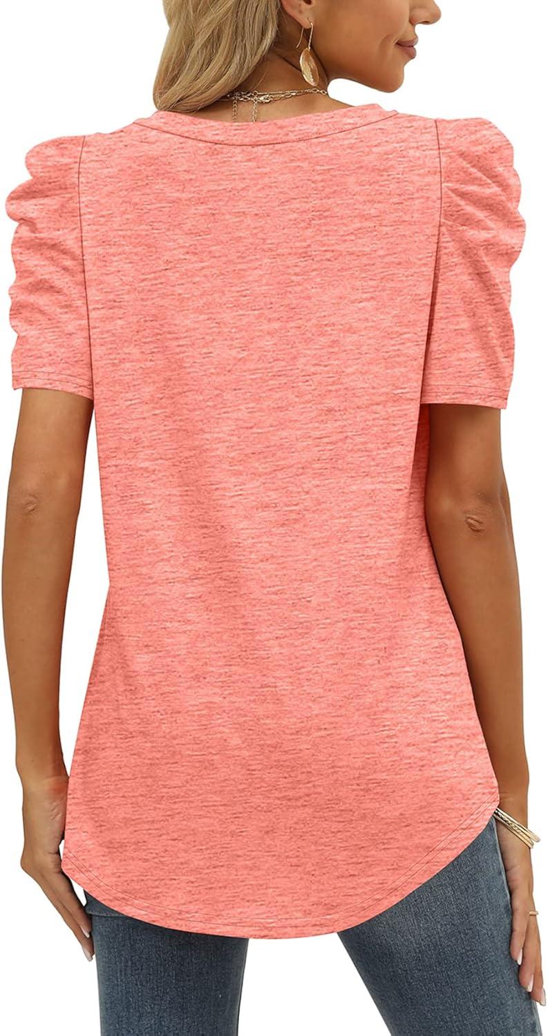 imageXIEERDUO Womens Summer Shirt V Neck Casual Tshirts Puff Sleeve Tops for Women Solid Color XS3XL04acoral