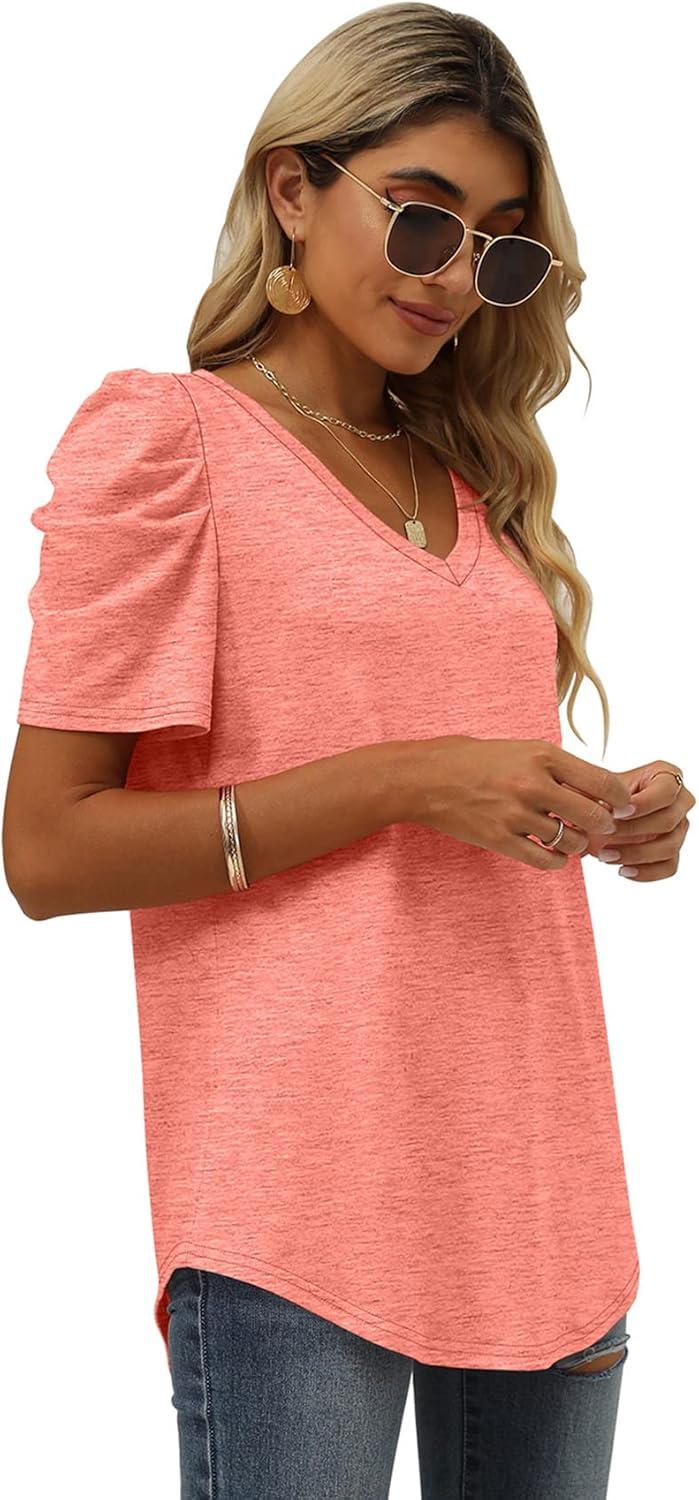 imageXIEERDUO Womens Summer Shirt V Neck Casual Tshirts Puff Sleeve Tops for Women Solid Color XS3XL04acoral