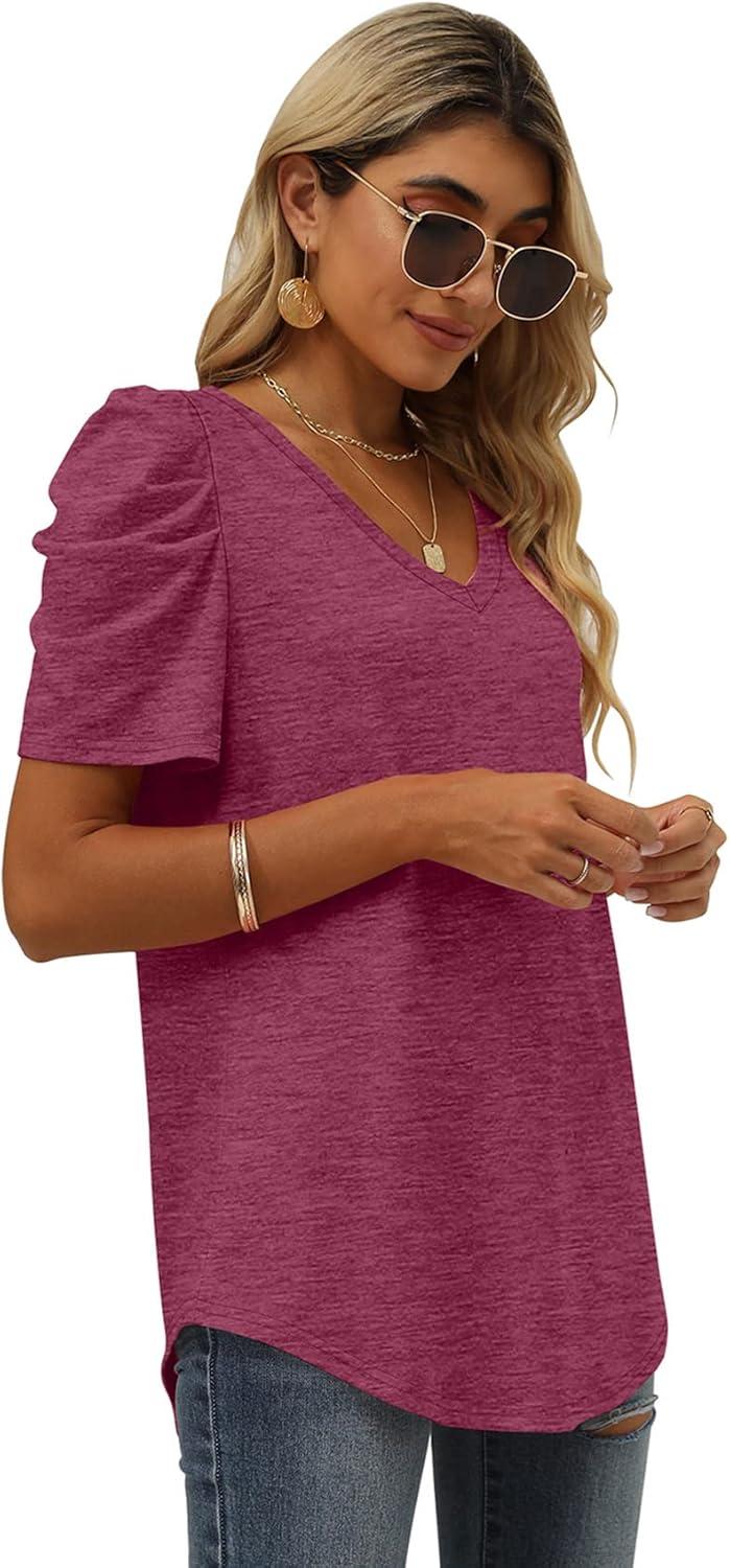 imageXIEERDUO Womens Summer Shirt V Neck Casual Tshirts Puff Sleeve Tops for Women Solid Color XS3XL05maroon