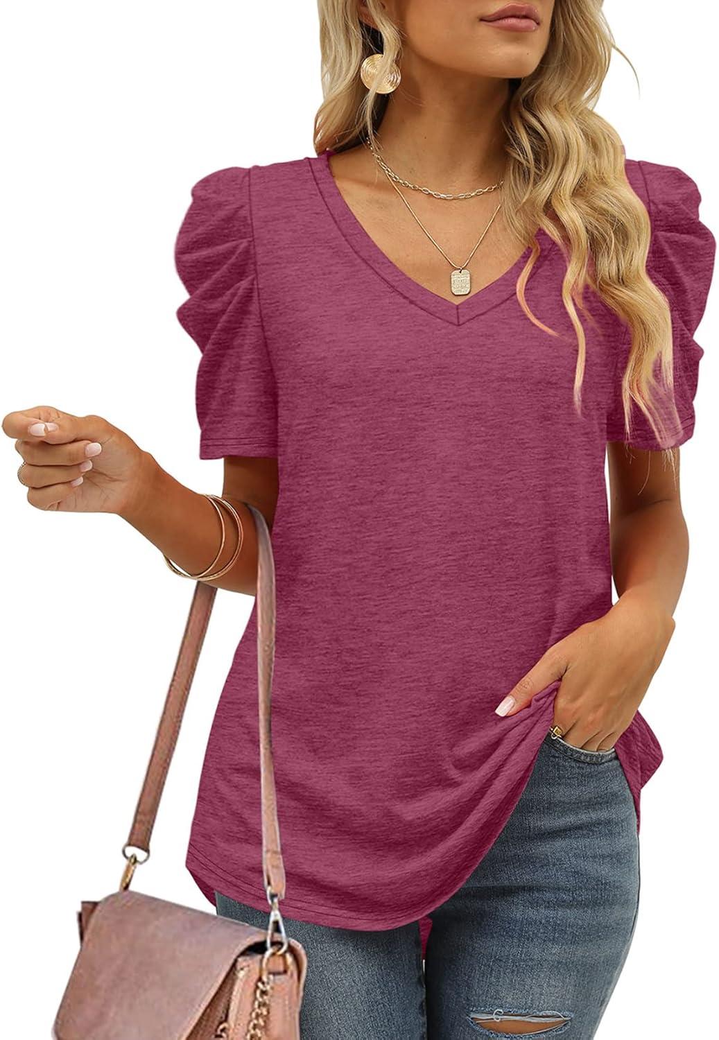 imageXIEERDUO Womens Summer Shirt V Neck Casual Tshirts Puff Sleeve Tops for Women Solid Color XS3XL05maroon