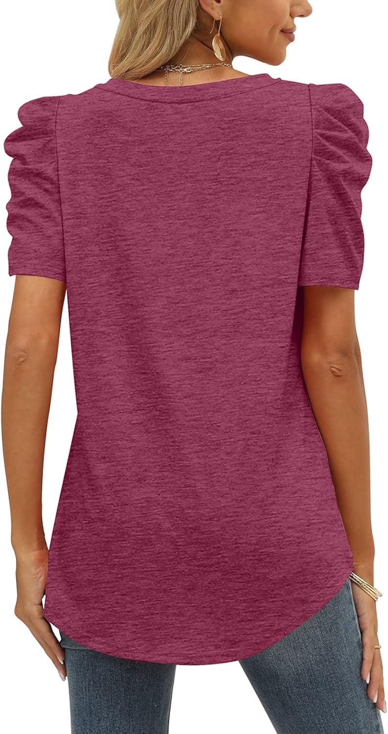 imageXIEERDUO Womens Summer Shirt V Neck Casual Tshirts Puff Sleeve Tops for Women Solid Color XS3XL05maroon