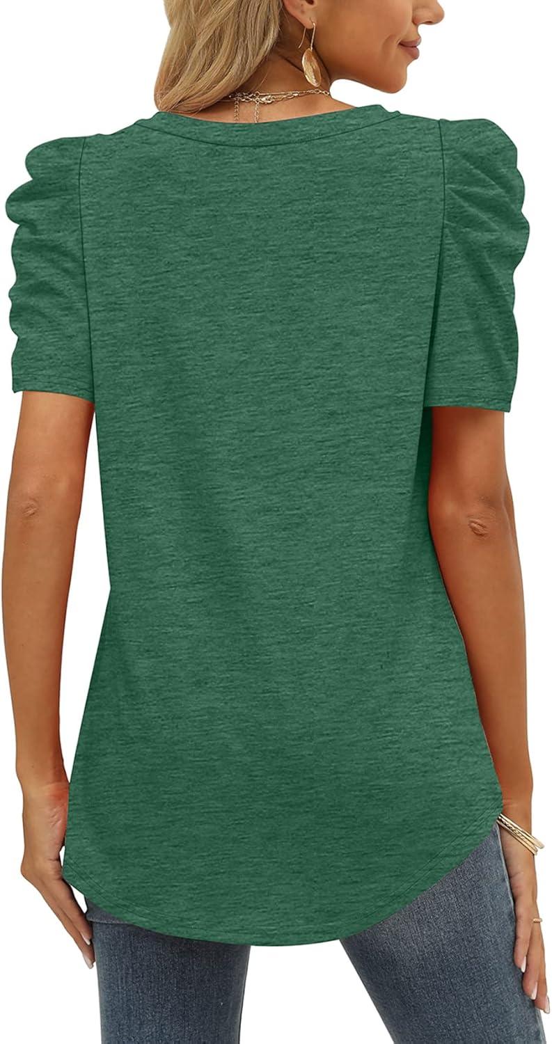 imageXIEERDUO Womens Summer Shirt V Neck Casual Tshirts Puff Sleeve Tops for Women Solid Color XS3XL06green