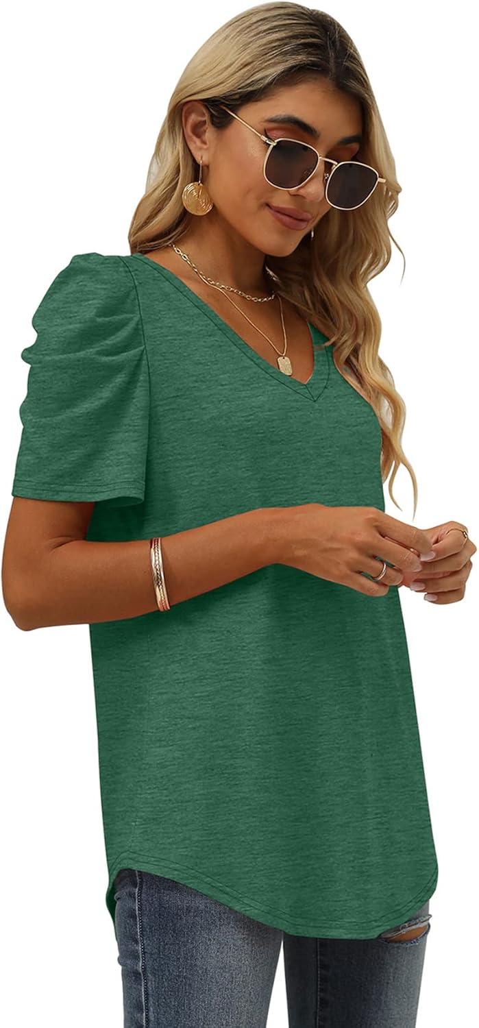 imageXIEERDUO Womens Summer Shirt V Neck Casual Tshirts Puff Sleeve Tops for Women Solid Color XS3XL06green