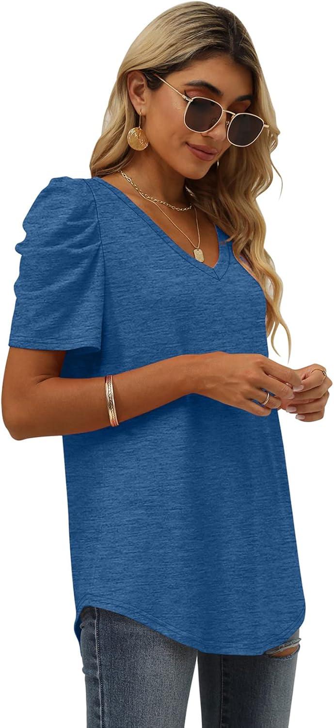 imageXIEERDUO Womens Summer Shirt V Neck Casual Tshirts Puff Sleeve Tops for Women Solid Color XS3XL07blue