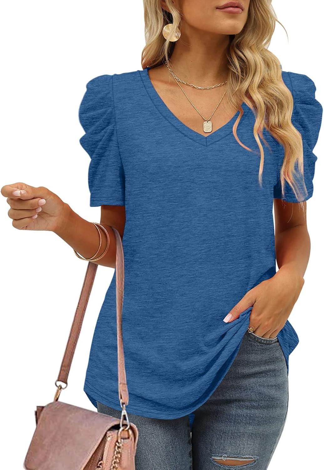 imageXIEERDUO Womens Summer Shirt V Neck Casual Tshirts Puff Sleeve Tops for Women Solid Color XS3XL07blue