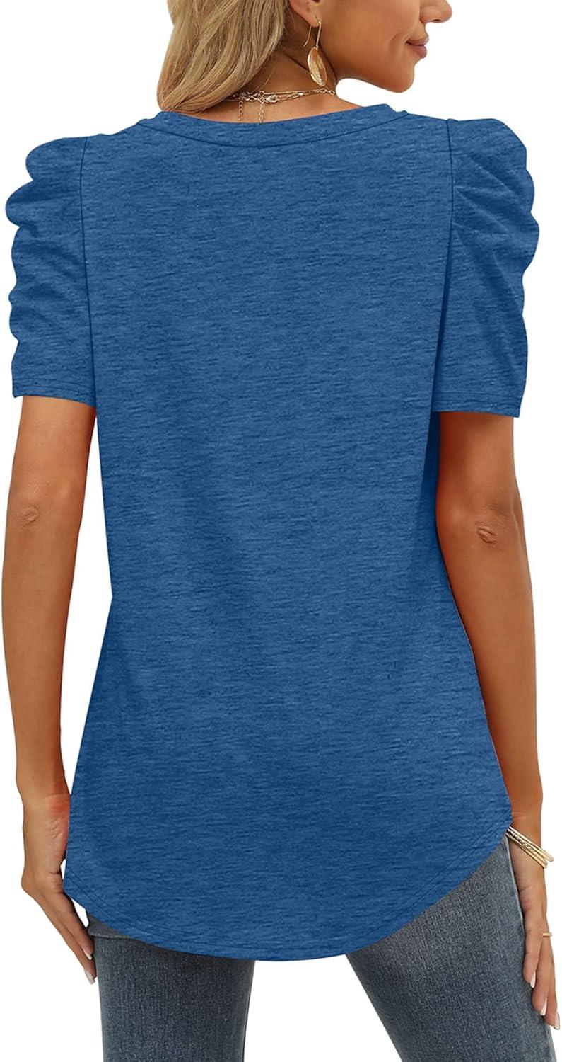 imageXIEERDUO Womens Summer Shirt V Neck Casual Tshirts Puff Sleeve Tops for Women Solid Color XS3XL07blue