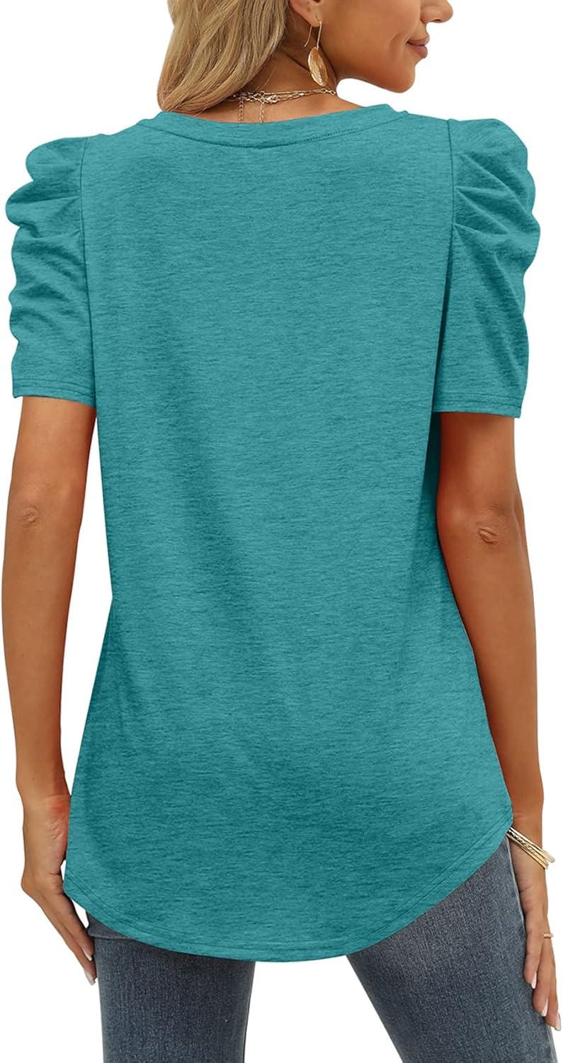 imageXIEERDUO Womens Summer Shirt V Neck Casual Tshirts Puff Sleeve Tops for Women Solid Color XS3XL08grey Green