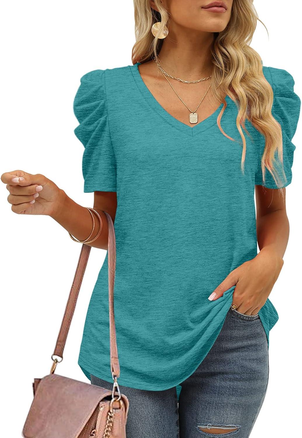 imageXIEERDUO Womens Summer Shirt V Neck Casual Tshirts Puff Sleeve Tops for Women Solid Color XS3XL08grey Green