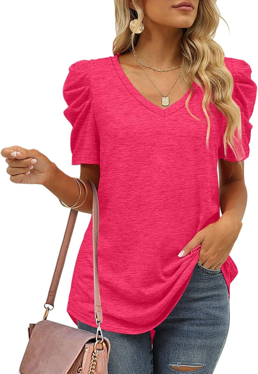 imageXIEERDUO Womens Summer Shirt V Neck Casual Tshirts Puff Sleeve Tops for Women Solid Color XS3XL09light Pink
