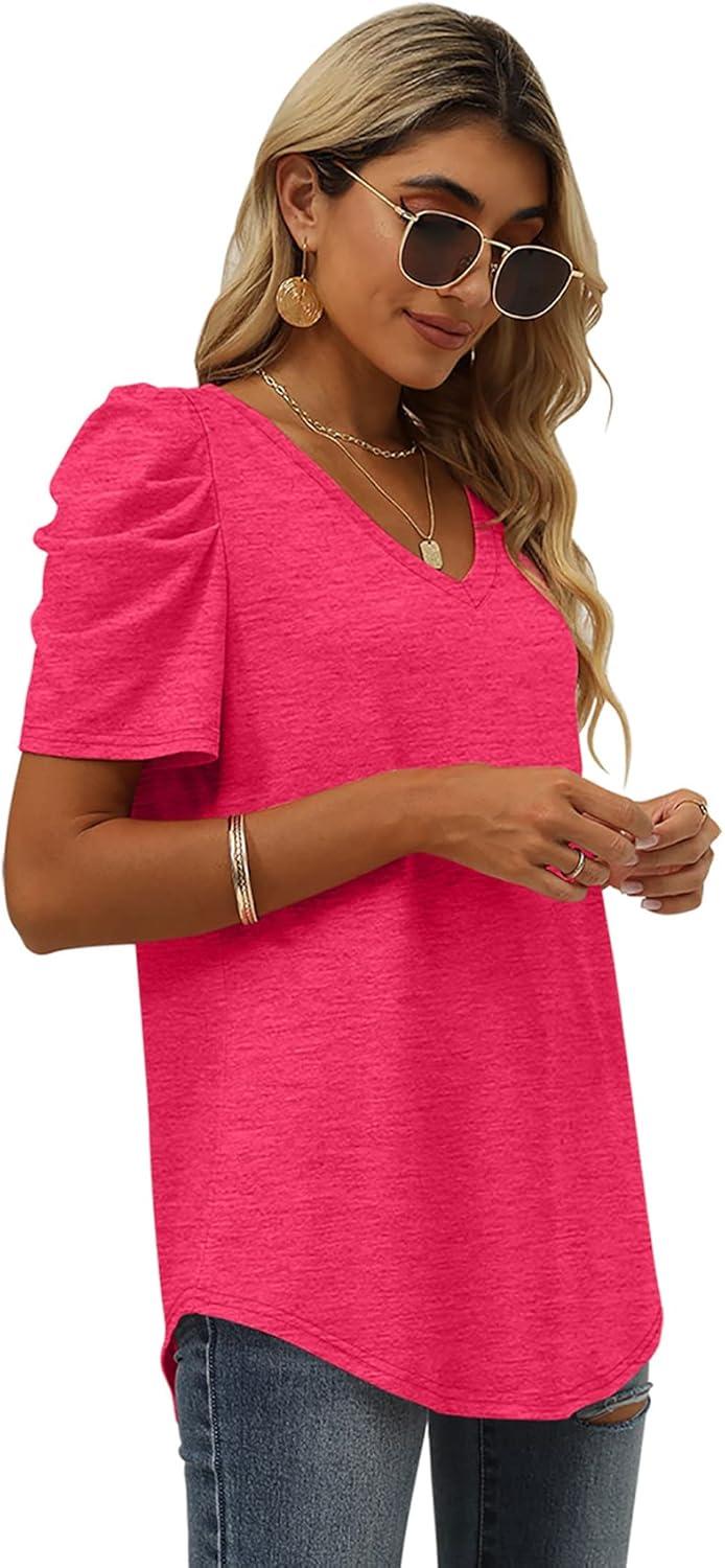 imageXIEERDUO Womens Summer Shirt V Neck Casual Tshirts Puff Sleeve Tops for Women Solid Color XS3XL09light Pink