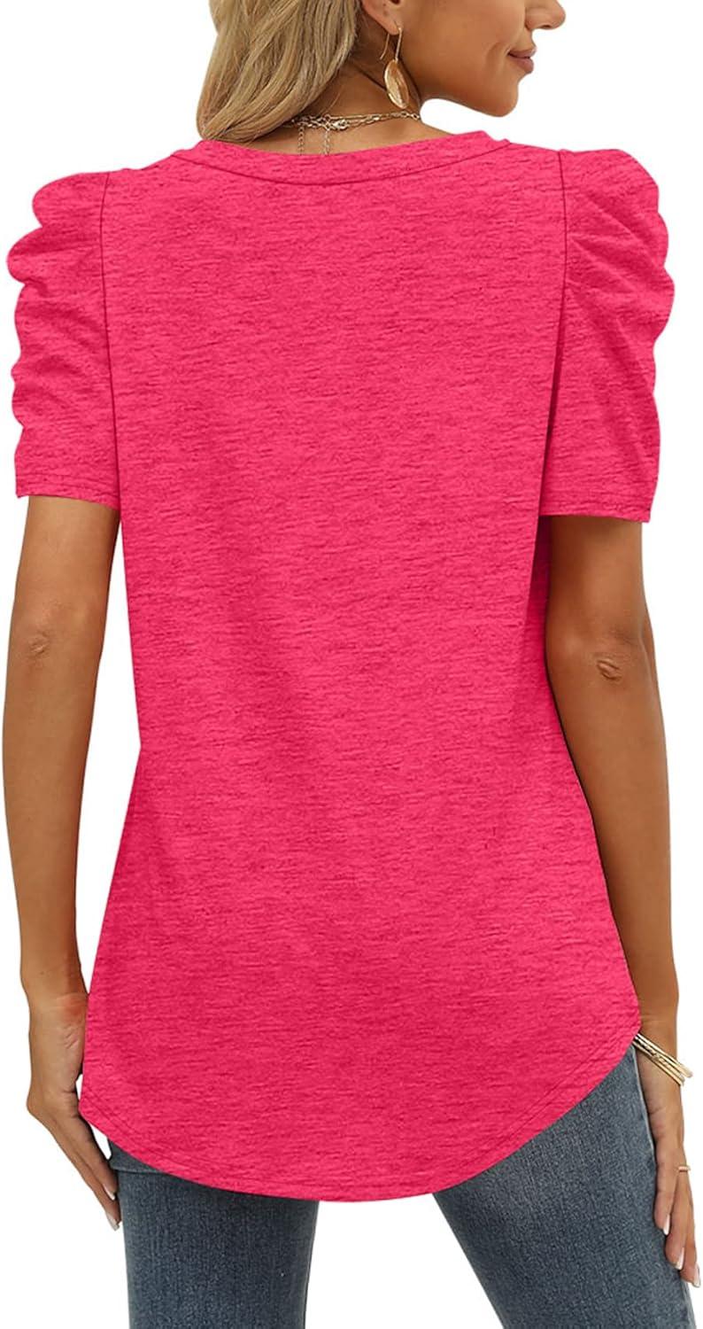 imageXIEERDUO Womens Summer Shirt V Neck Casual Tshirts Puff Sleeve Tops for Women Solid Color XS3XL09light Pink