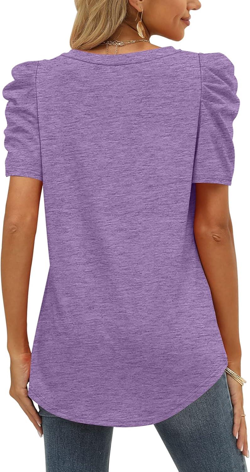 imageXIEERDUO Womens Summer Shirt V Neck Casual Tshirts Puff Sleeve Tops for Women Solid Color XS3XL10lavender