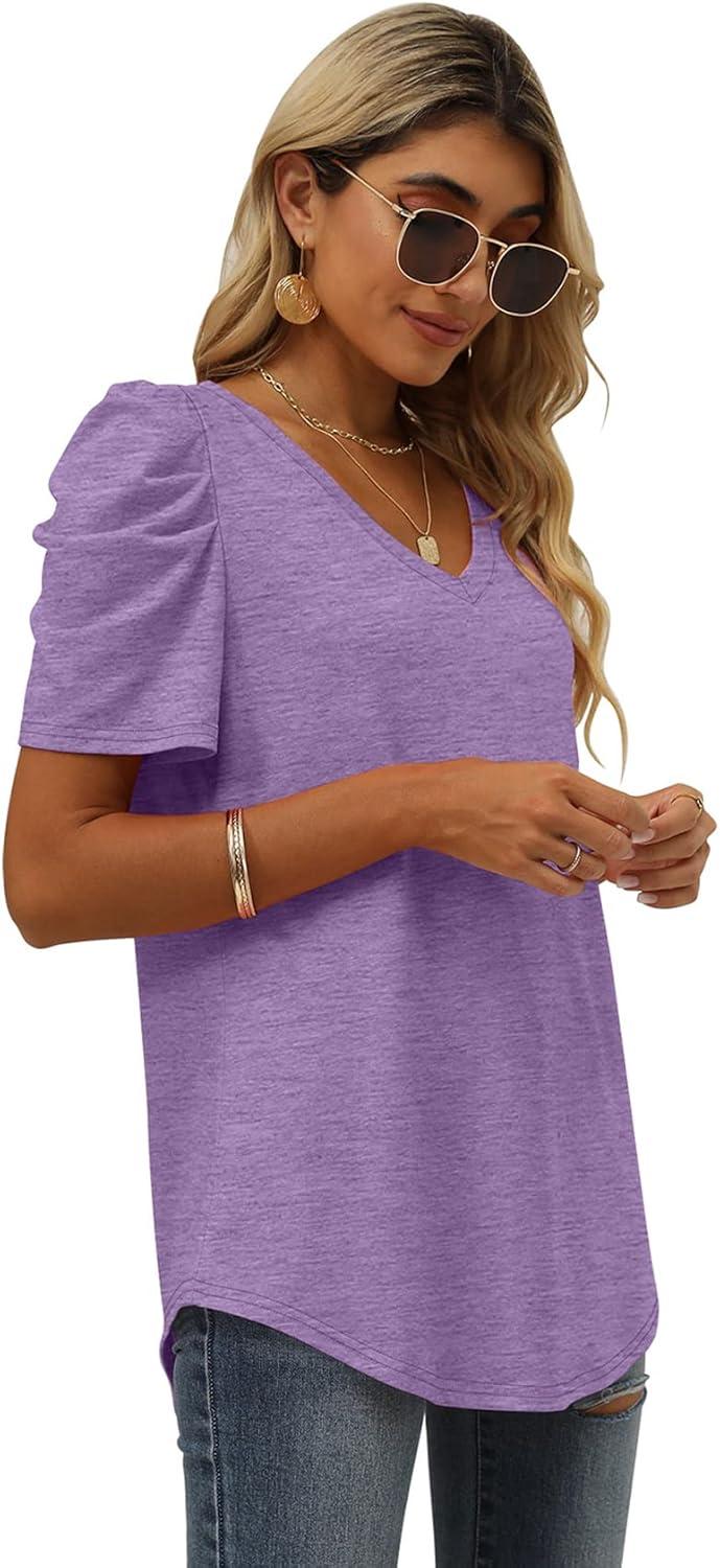 imageXIEERDUO Womens Summer Shirt V Neck Casual Tshirts Puff Sleeve Tops for Women Solid Color XS3XL10lavender