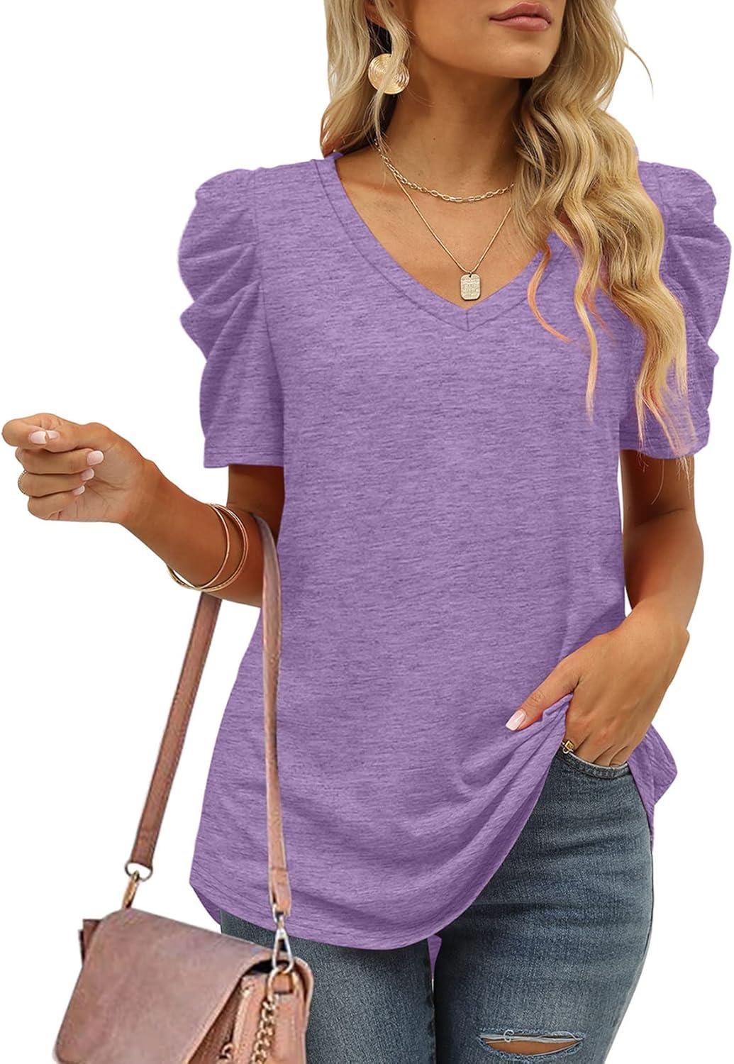 imageXIEERDUO Womens Summer Shirt V Neck Casual Tshirts Puff Sleeve Tops for Women Solid Color XS3XL10lavender