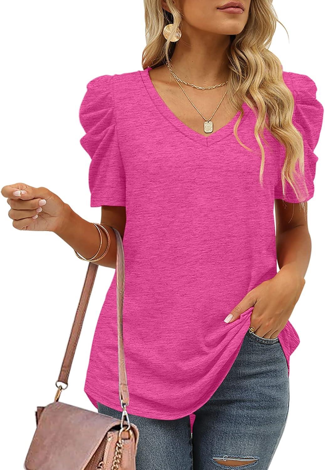 imageXIEERDUO Womens Summer Shirt V Neck Casual Tshirts Puff Sleeve Tops for Women Solid Color XS3XL11deep Pink