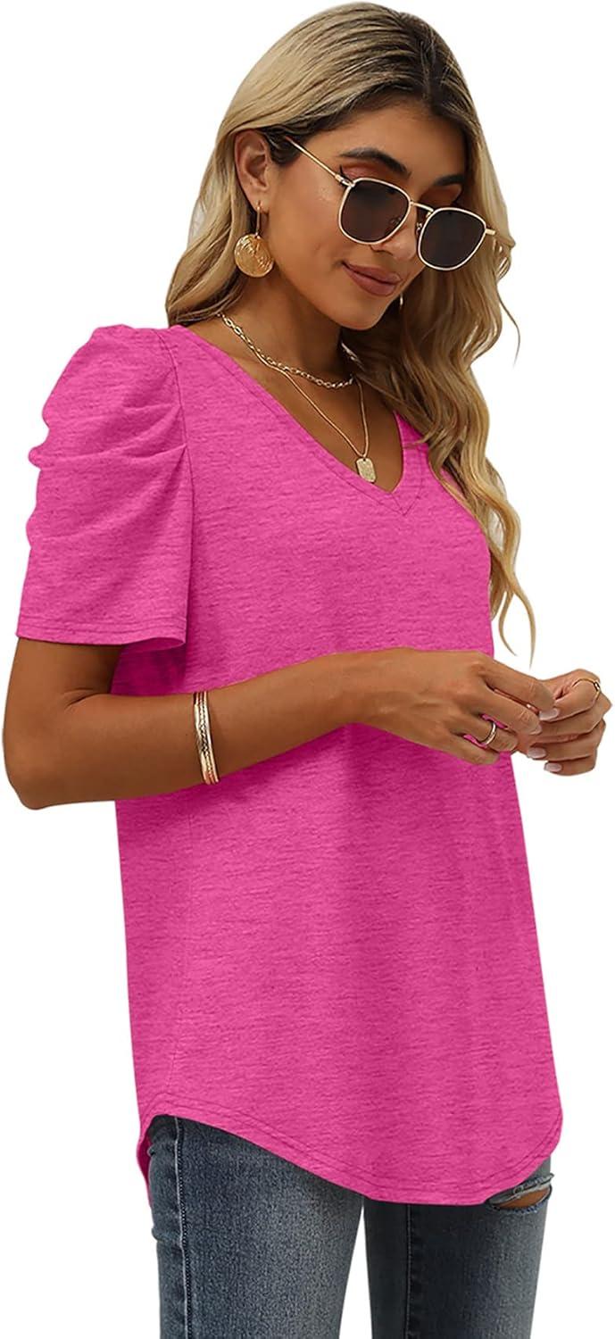 imageXIEERDUO Womens Summer Shirt V Neck Casual Tshirts Puff Sleeve Tops for Women Solid Color XS3XL11deep Pink